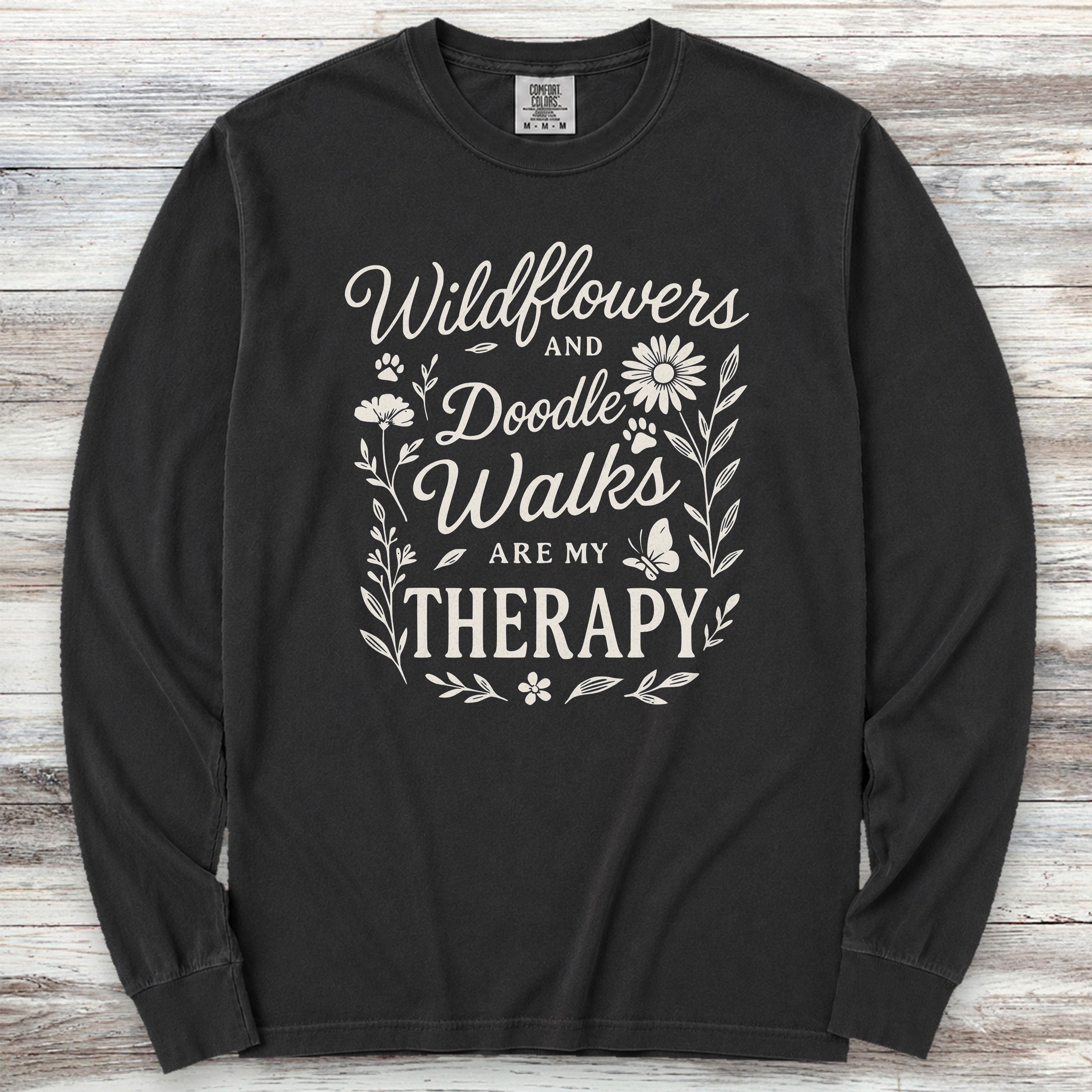 Doodle Walks & Wildflowers Long Sleeve Tee - Black