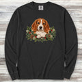 Beagle Red and White Winter Greenery Faux Embroidery Long Sleeve Tee - Black