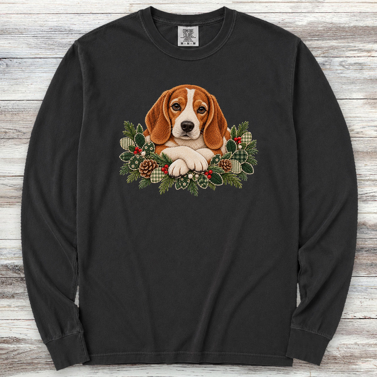 Beagle Red and White Winter Greenery Faux Embroidery Long Sleeve Tee - Black