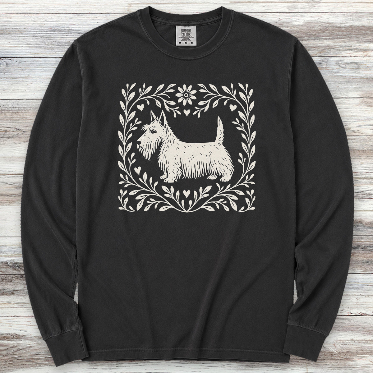 Scottish Terrier Linocut Long Sleeve Tee - Black