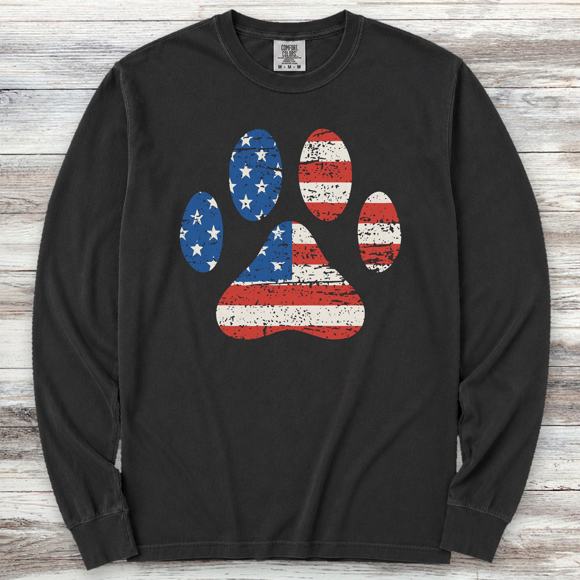 Stars & Stripes Paw Print Long Sleeve Tee - Black