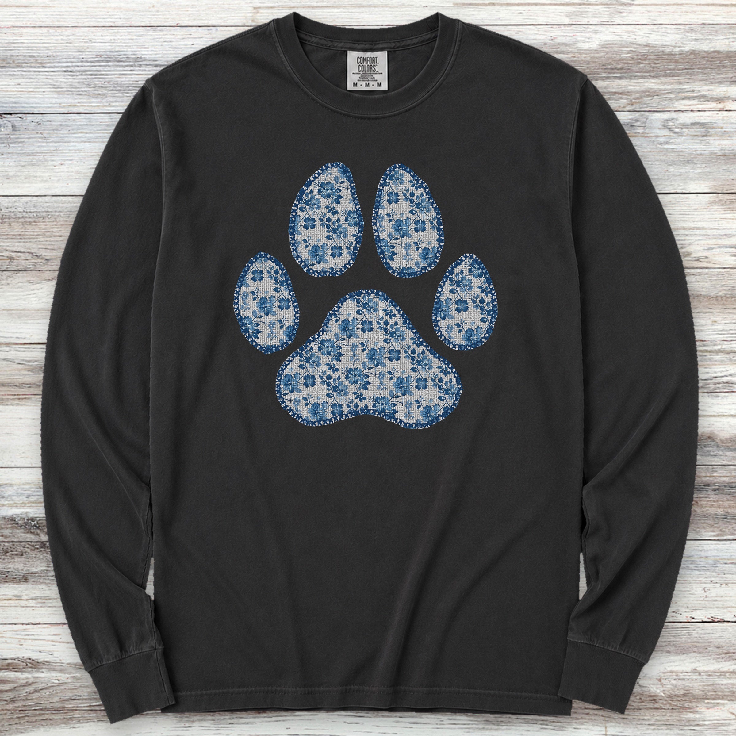 Blue Floral Paw Print Long Sleeve Tee - Black
