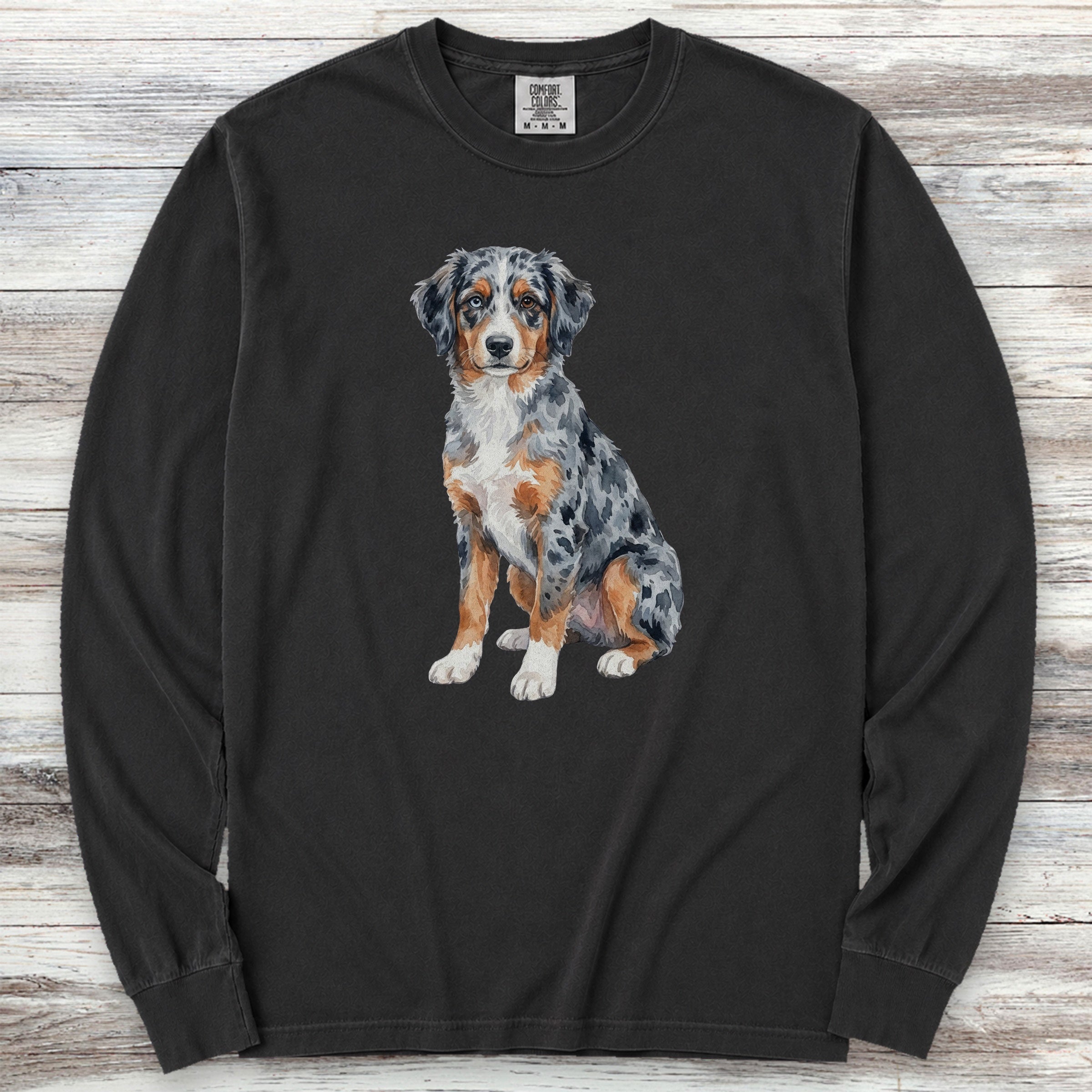 Australian Shepherd Puppy Watercolor Long Sleeve Tee - Black