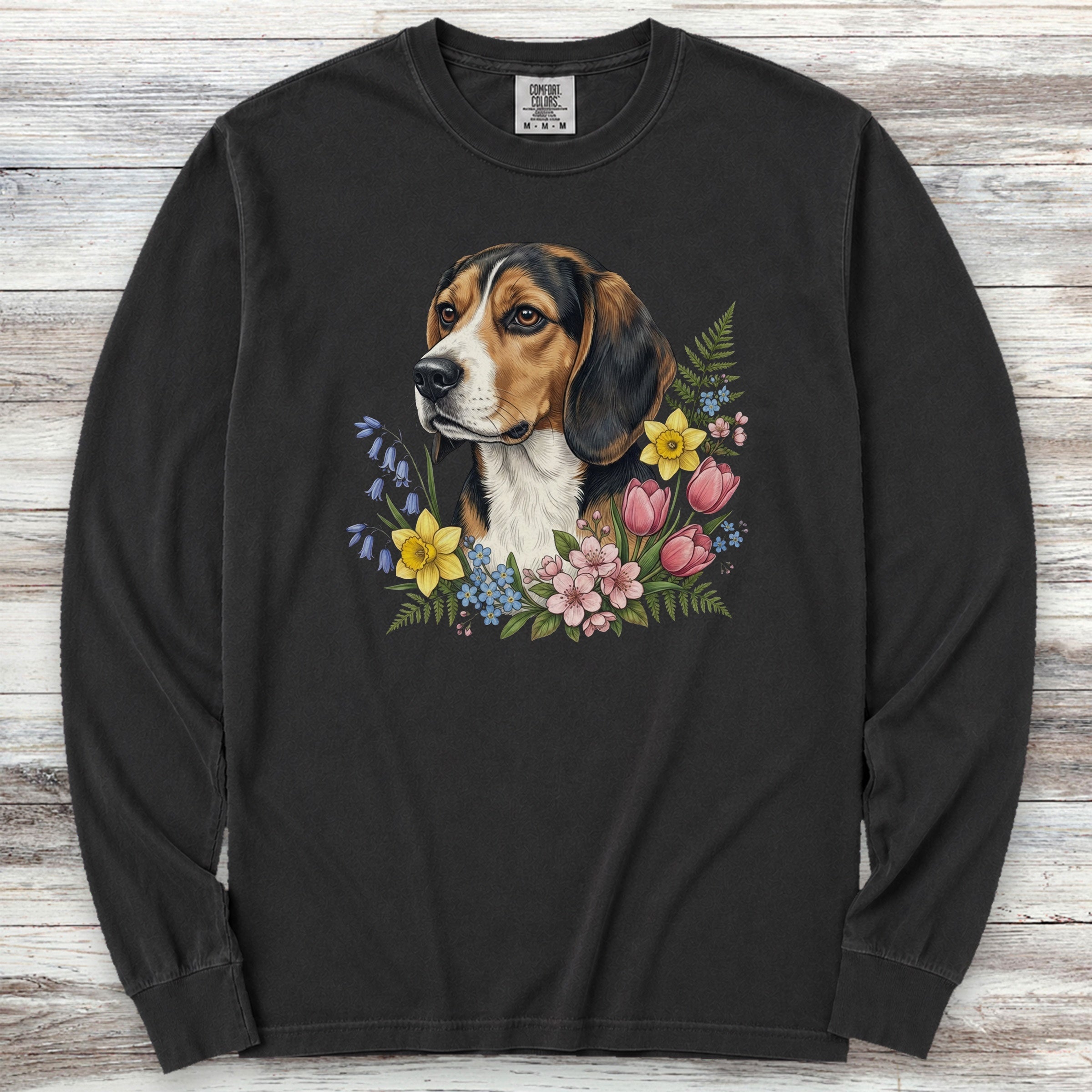 Beagle Spring Portrait Long Sleeve Tee - Black