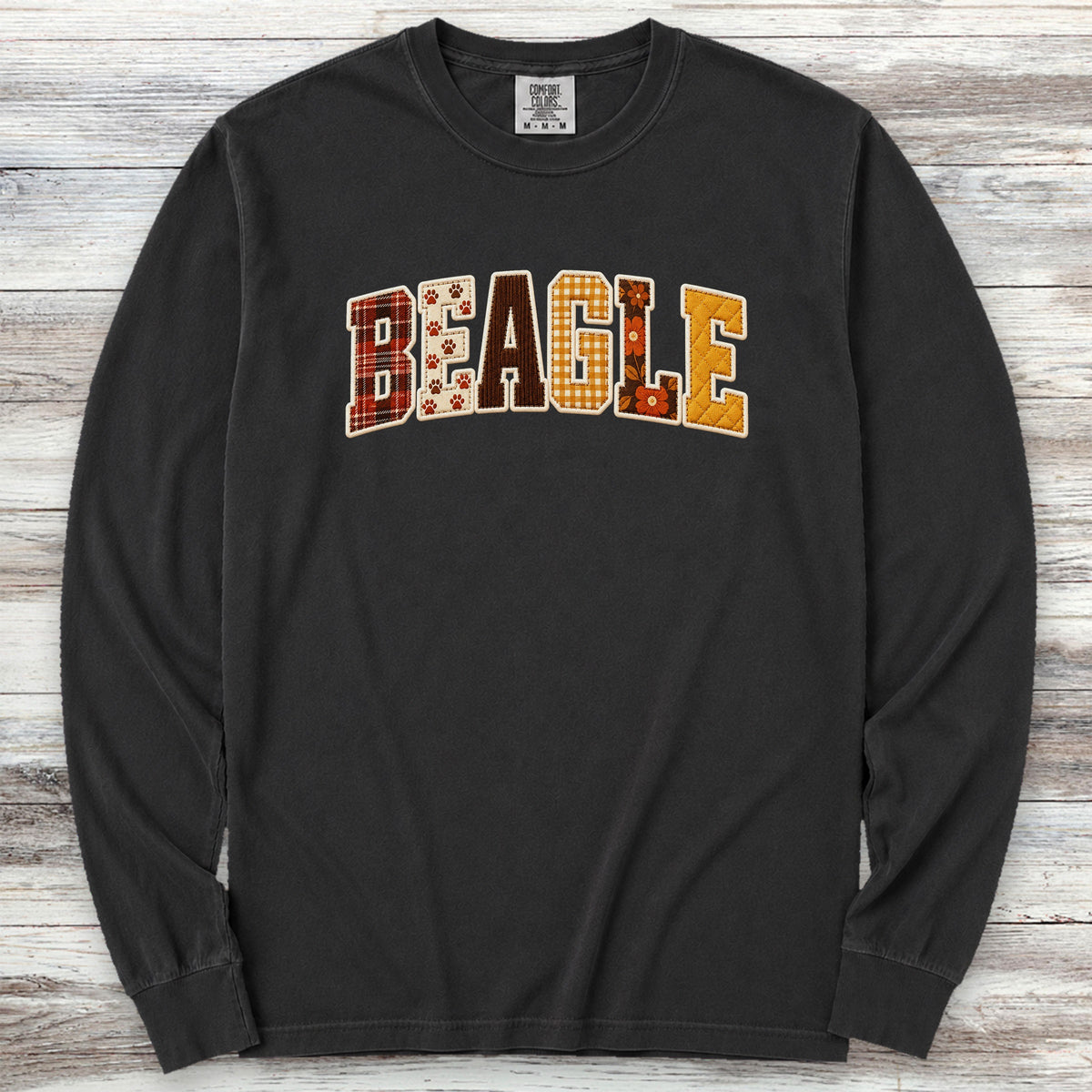 Beagle Fall Faux Patchwork Long Sleeve Tee - Black