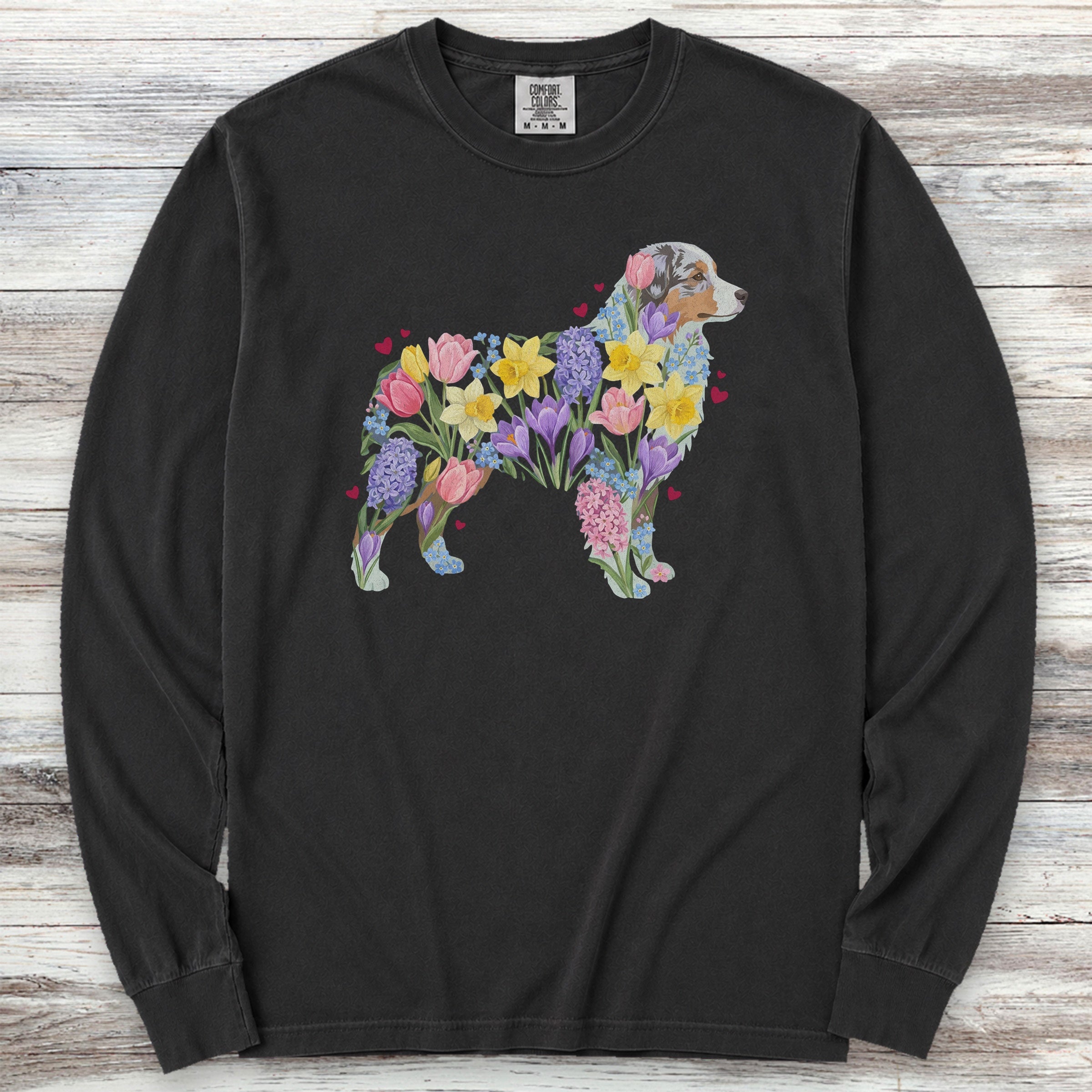 Australian Shepherd Spring Floral Silhouette Long Sleeve Tee - Black