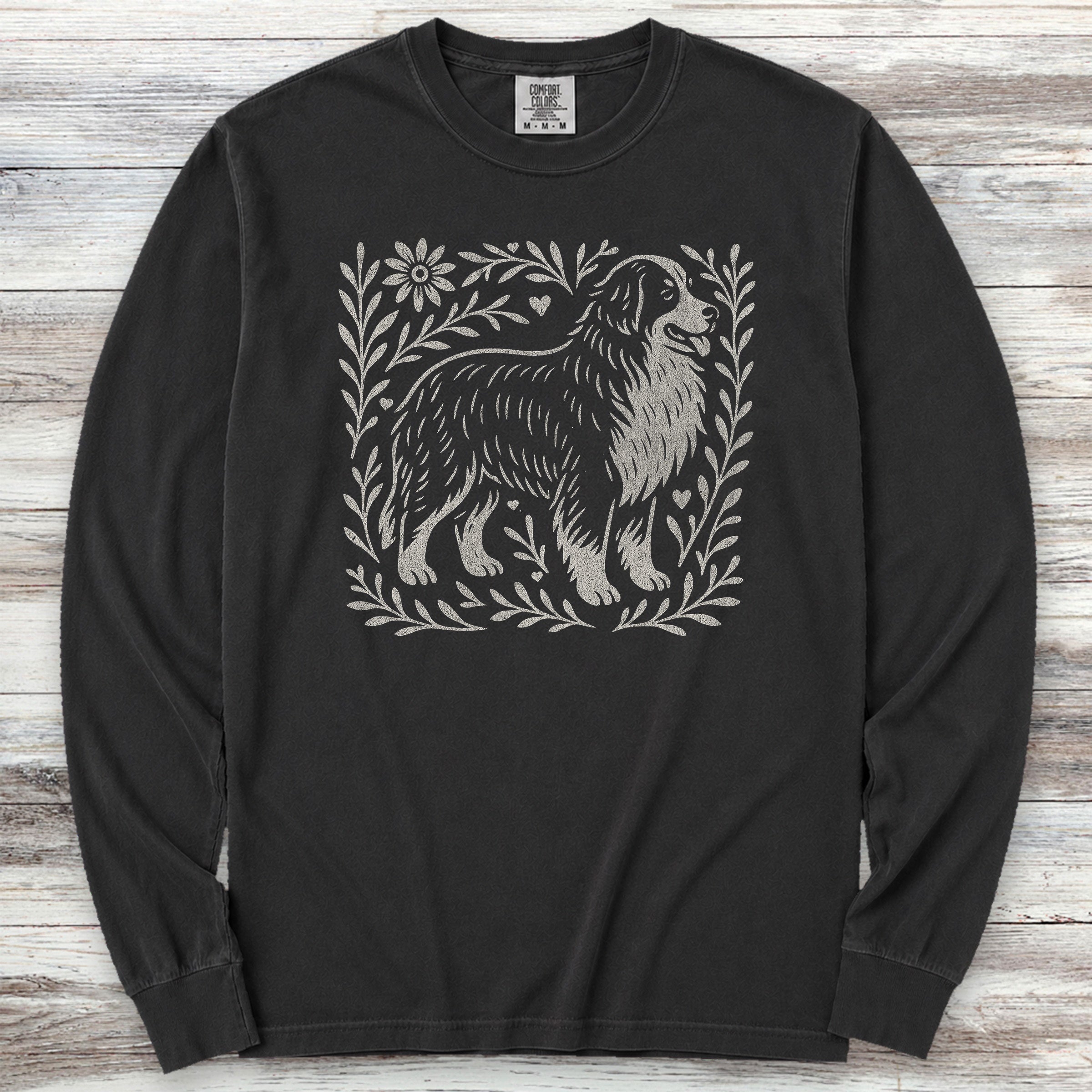 Bernese Mountain Dog Linocut Long Sleeve Tee - Black