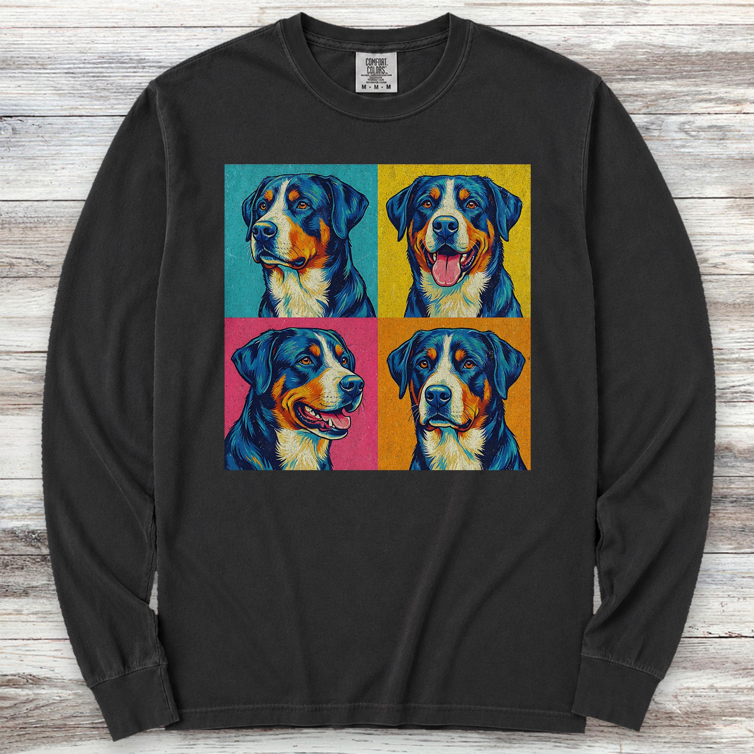 Swiss Mountain Dog Pop Art Long Sleeve Tee - Black