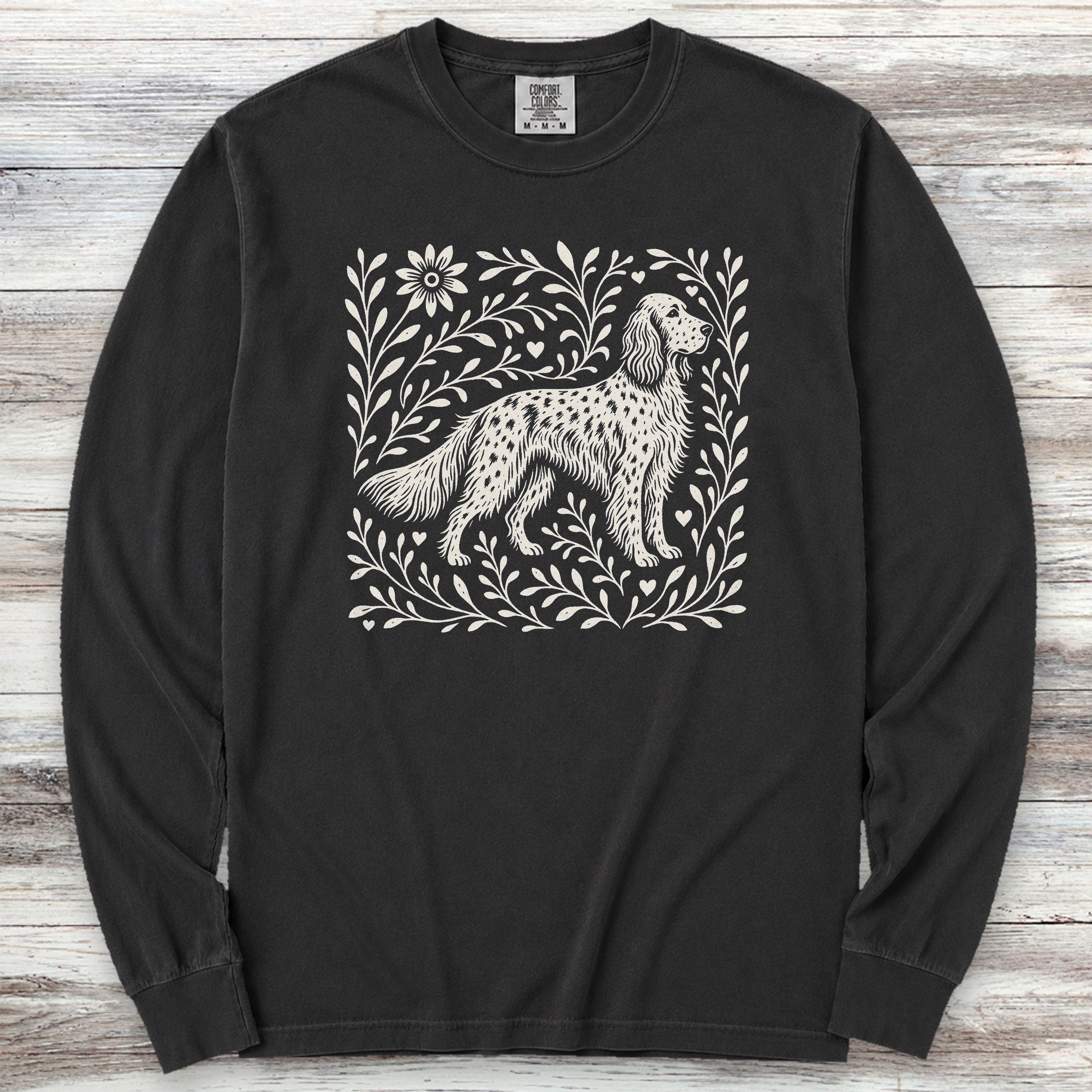 English Setter Linocut Long Sleeve Tee - Black