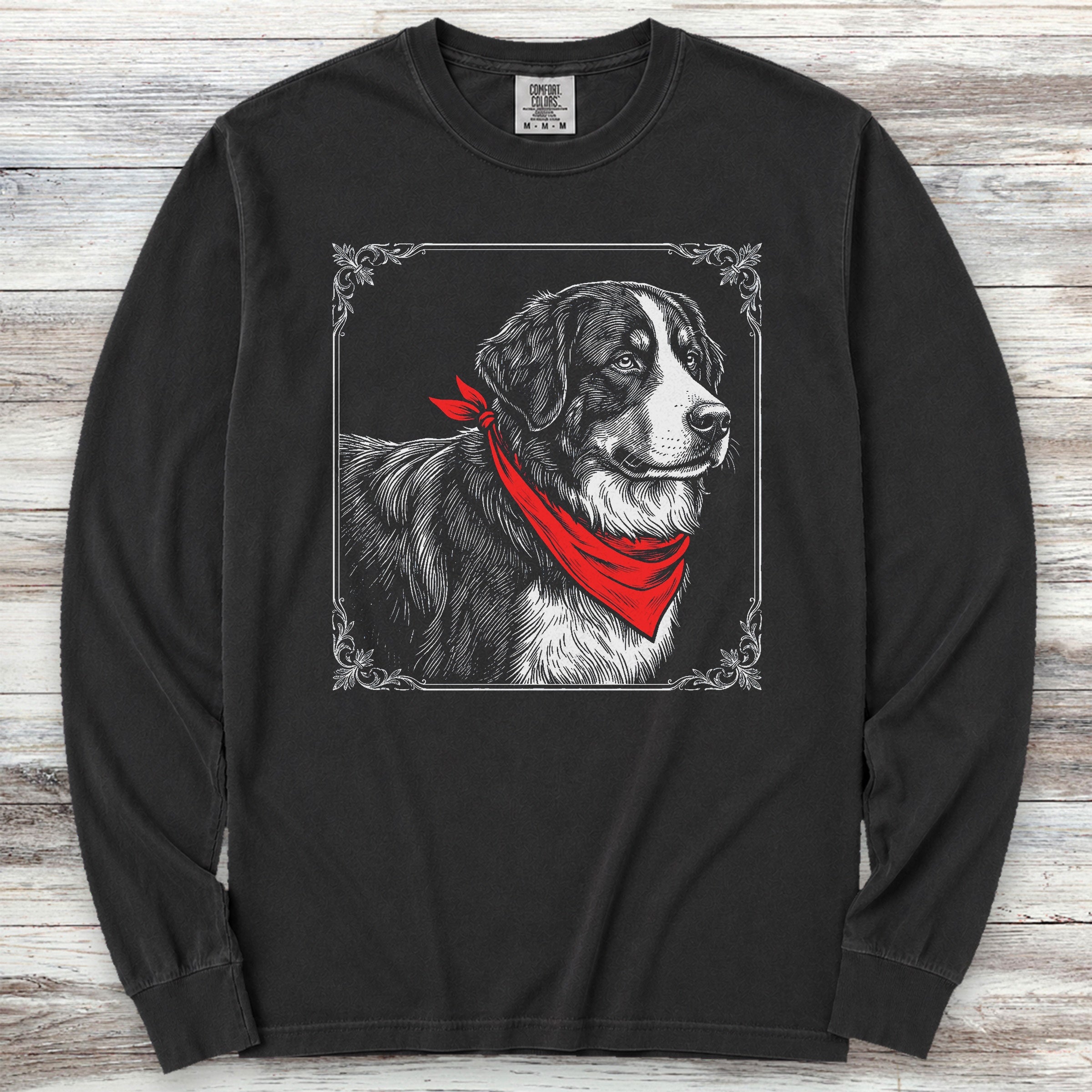 Bernese Mountain Dog Etching Long Sleeve Tee - Black