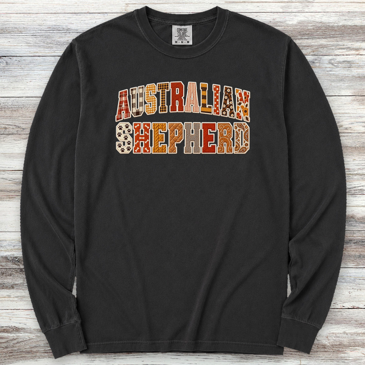 Australian Shepherd Fall Faux Patchwork Long Sleeve Tee - Black