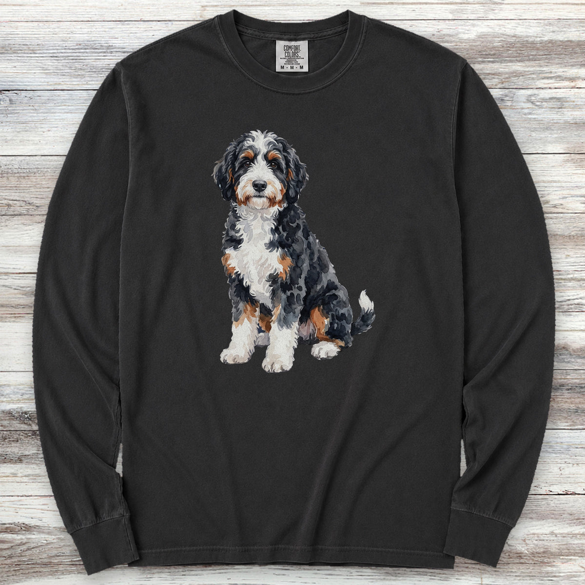 Bernedoodle Watercolor Long Sleeve Tee - Black