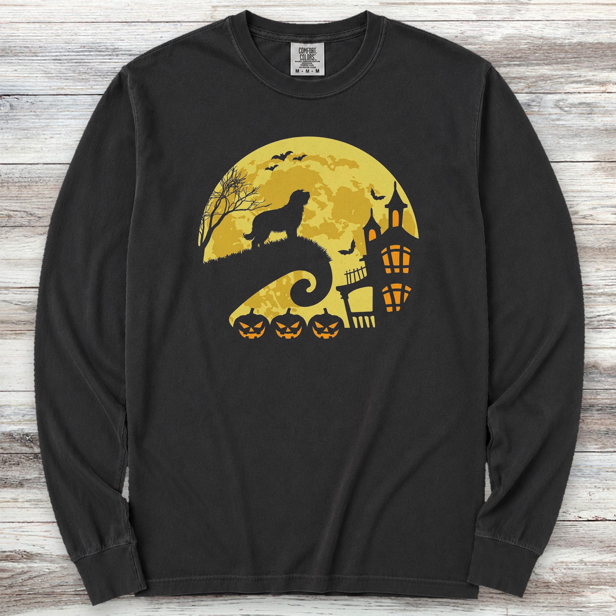 Bearded Collie Halloween Moon Long Sleeve Tee - Black