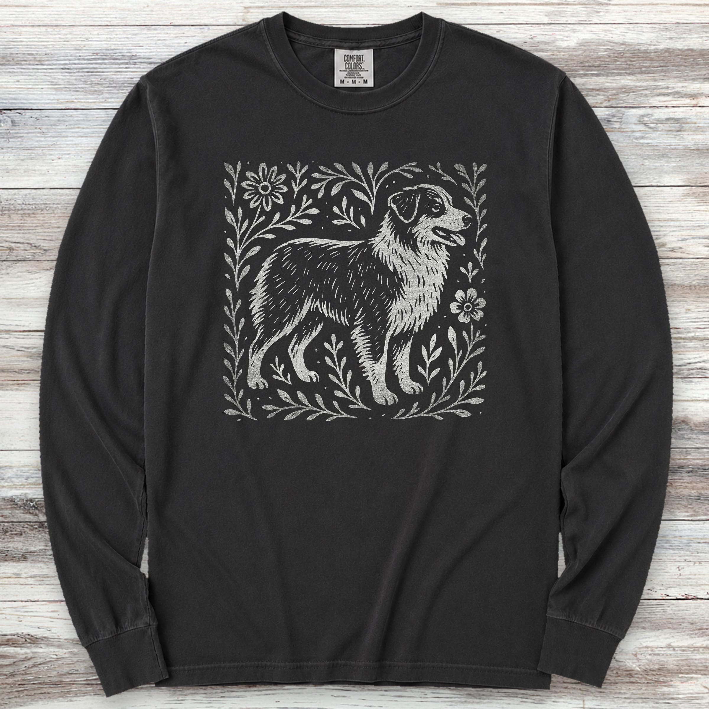 Australian Shepherd Linocut Long Sleeve Tee - Black