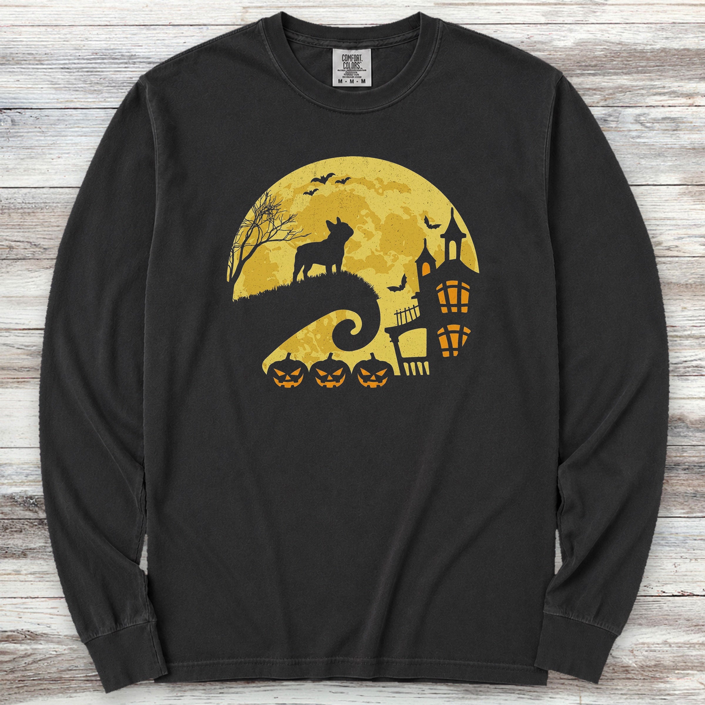 French Bulldog Halloween Moon Long Sleeve Tee - Black