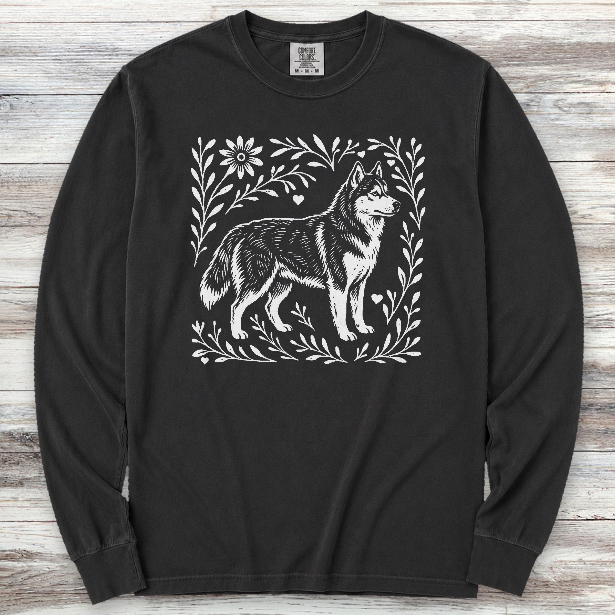 Husky Linocut Long Sleeve Tee - Black