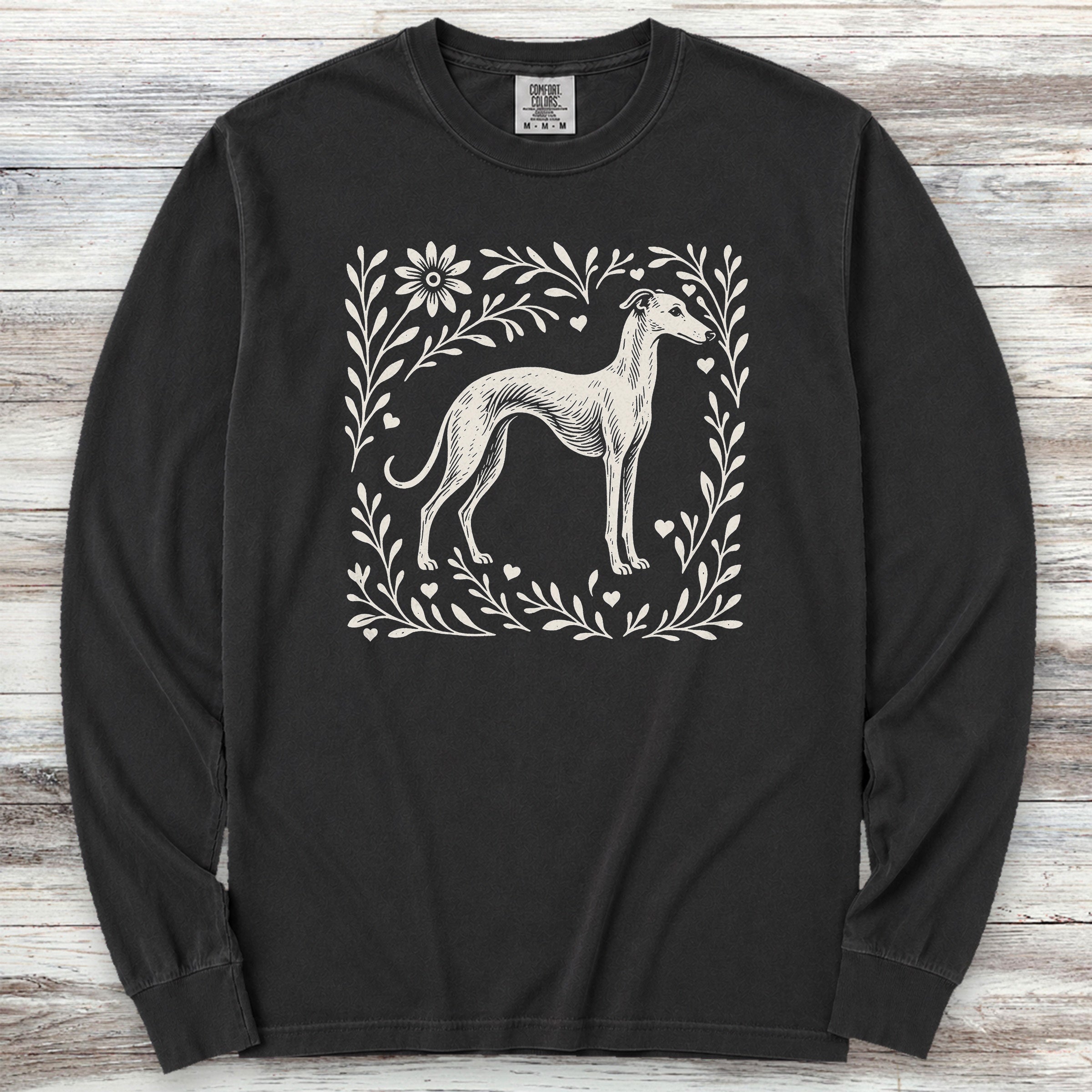 Whippet Linocut Long Sleeve Tee - Black