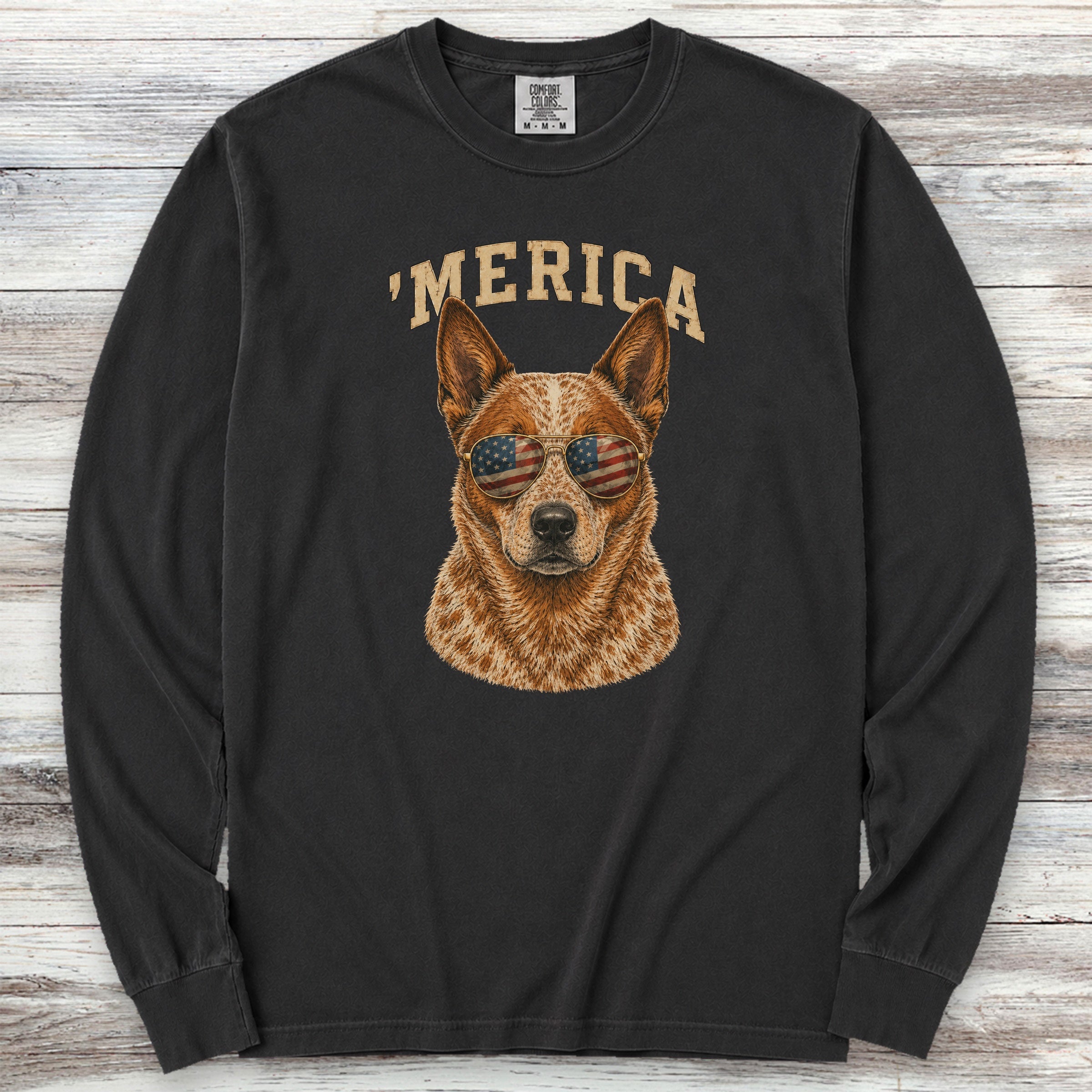 Australian Cattle Dog Red 'Merica Long Sleeve Tee - Black