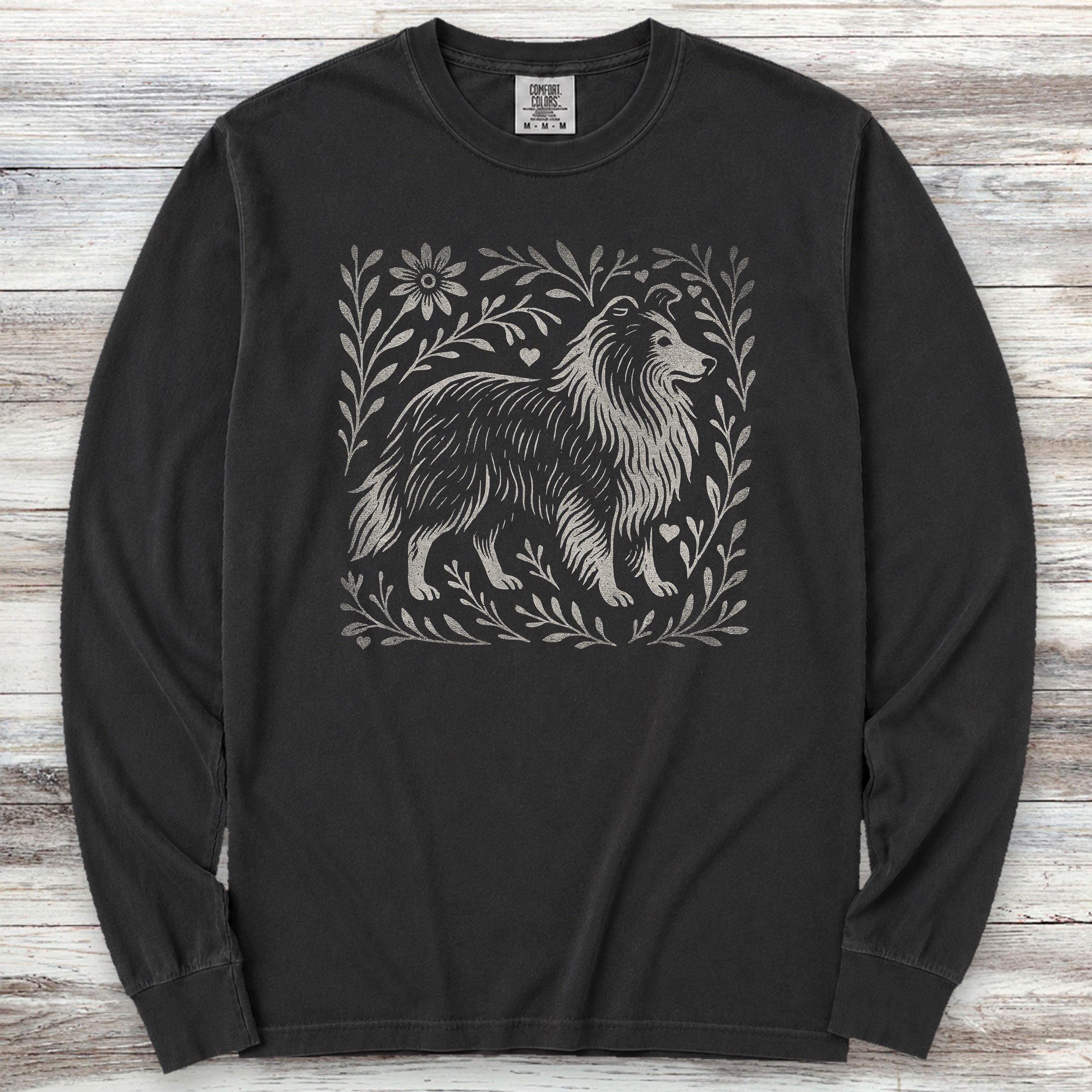 Shetland Sheepdog Linocut Long Sleeve Tee - Black