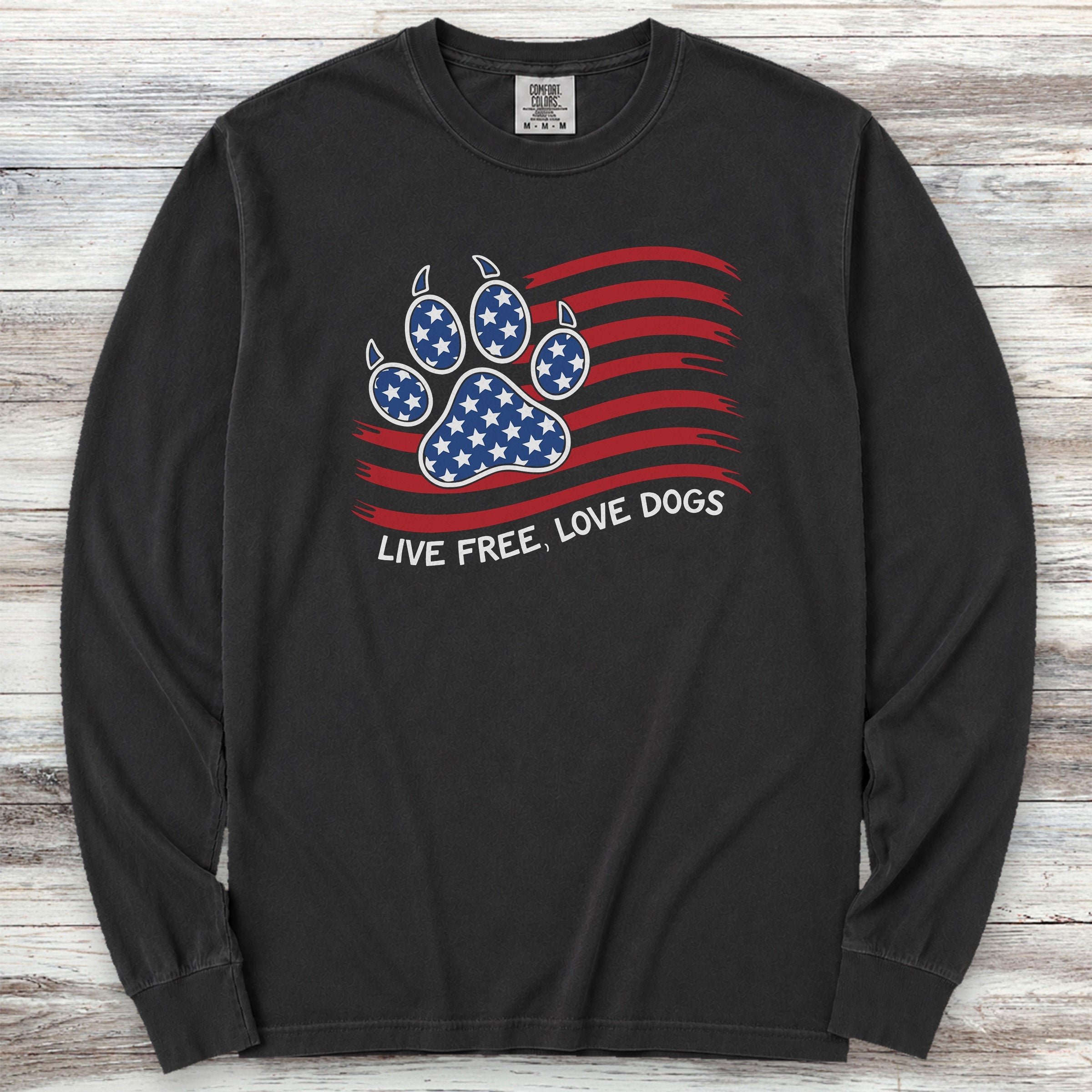 Live Free Love Dogs Flag Long Sleeve Tee - Black