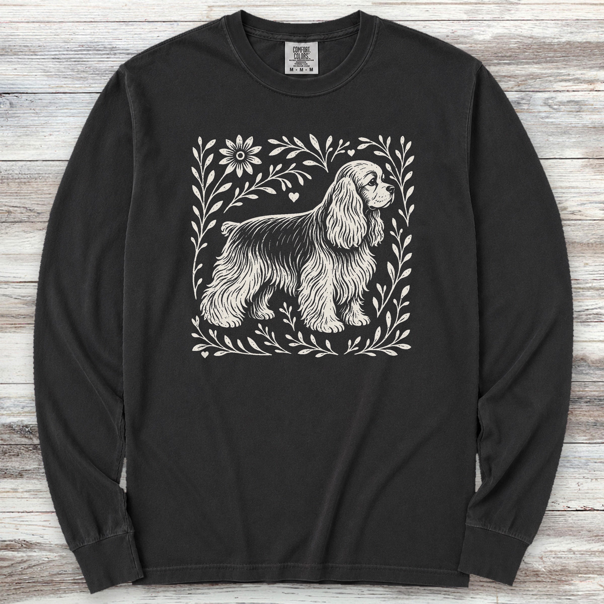 Cocker Spaniel Linocut Long Sleeve Tee - Black