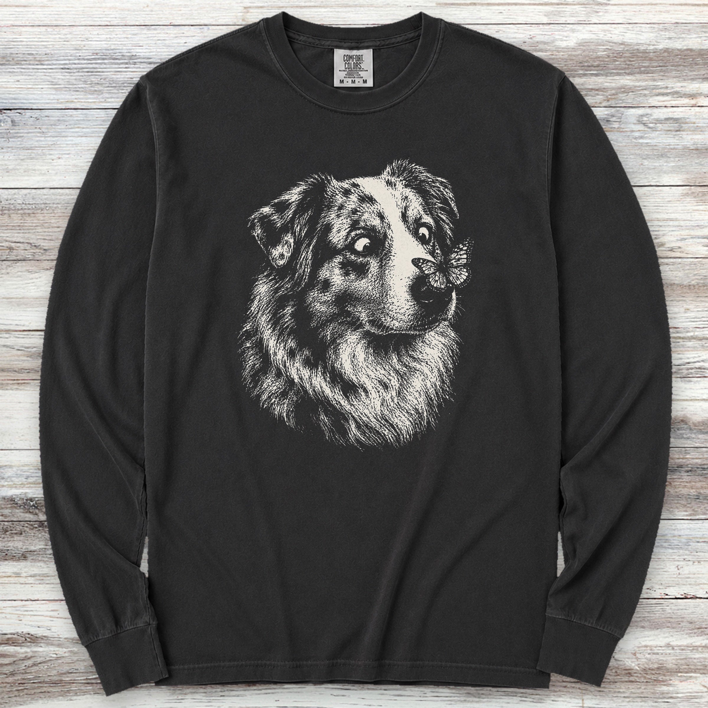 Australian Shepherd Butterfly Long Sleeve Tee - Black