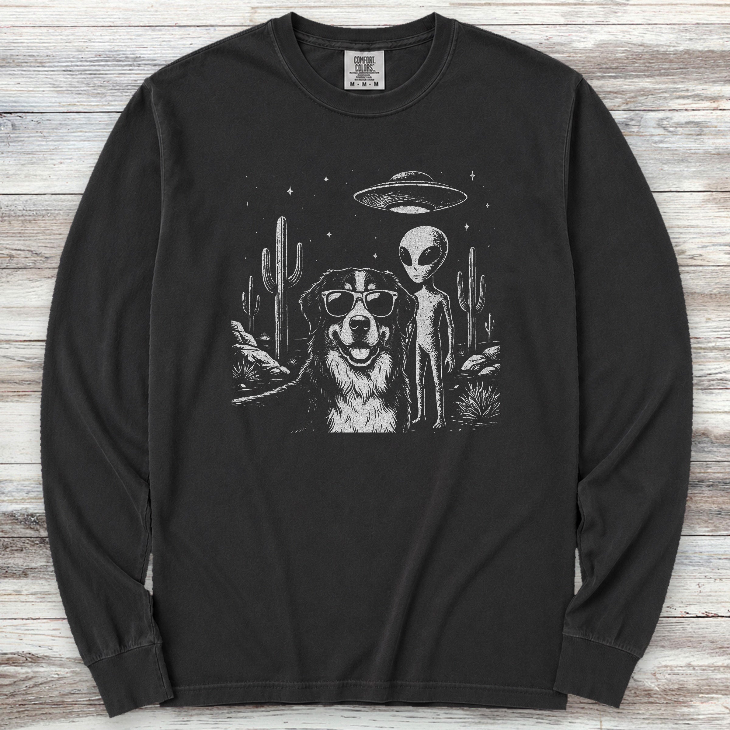 Bernese Mountain Dog Alien Selfie Long Sleeve Tee - Black