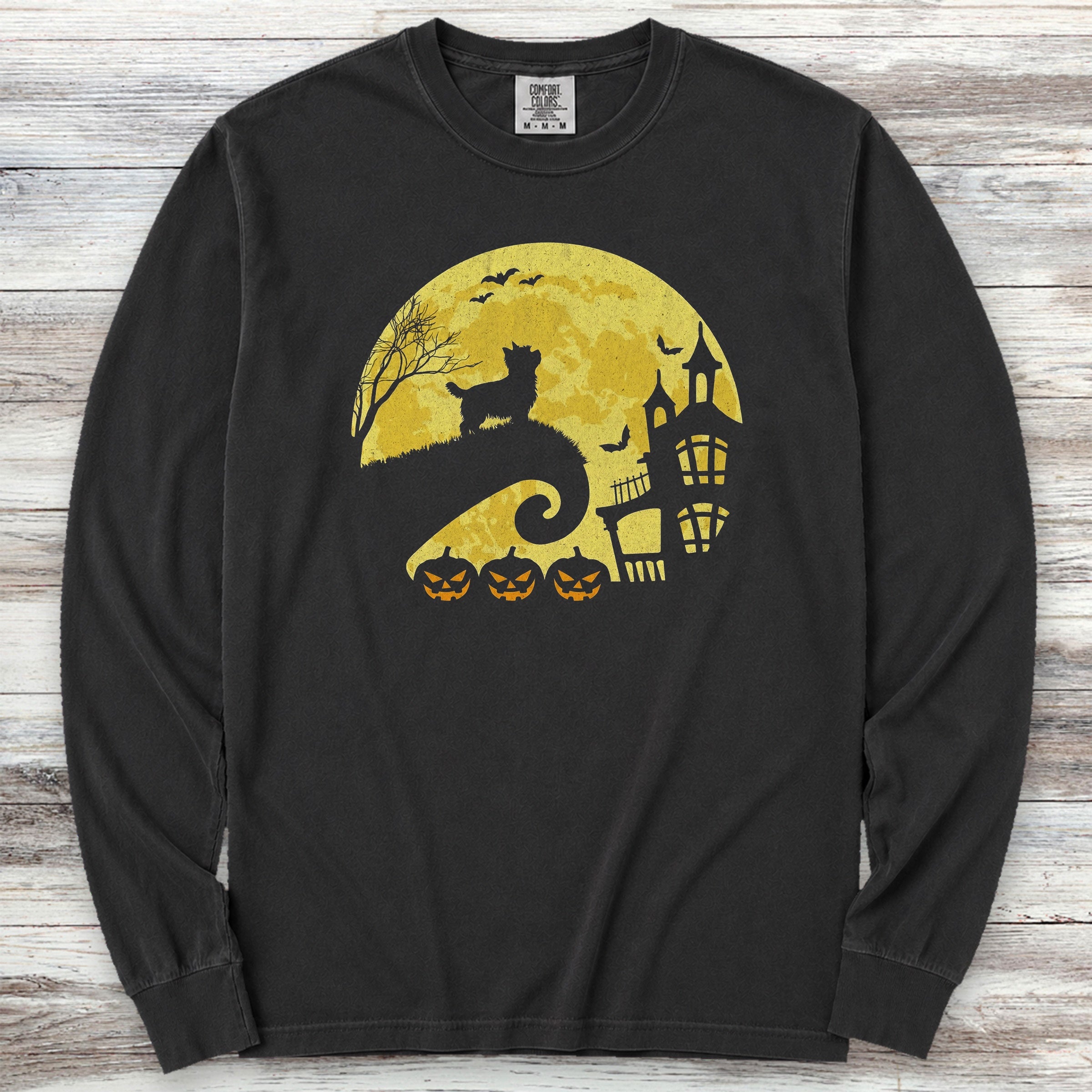 Yorkshire Terrier Halloween Moon Long Sleeve Tee - Black