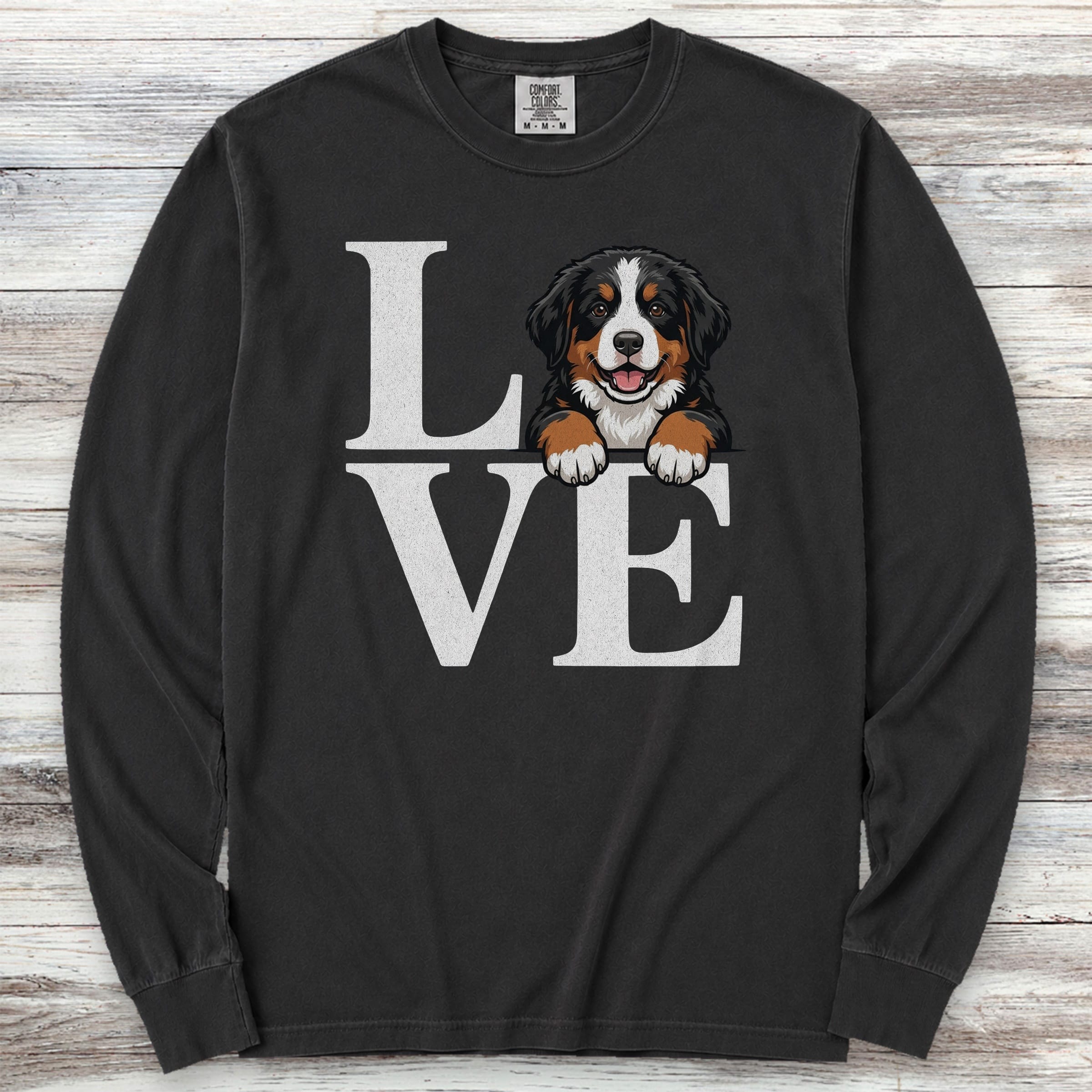 Bernese Mountain Dog Puppy Love Long Sleeve Tee - Black