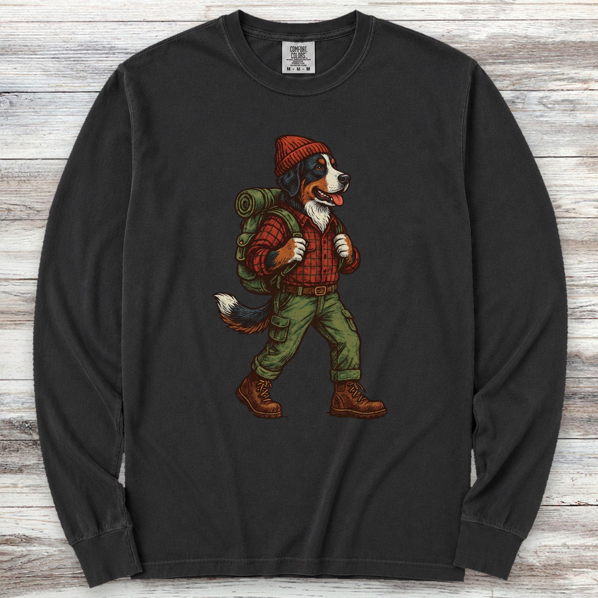 Bernese Mountain Dog Hiking Long Sleeve Tee - Black