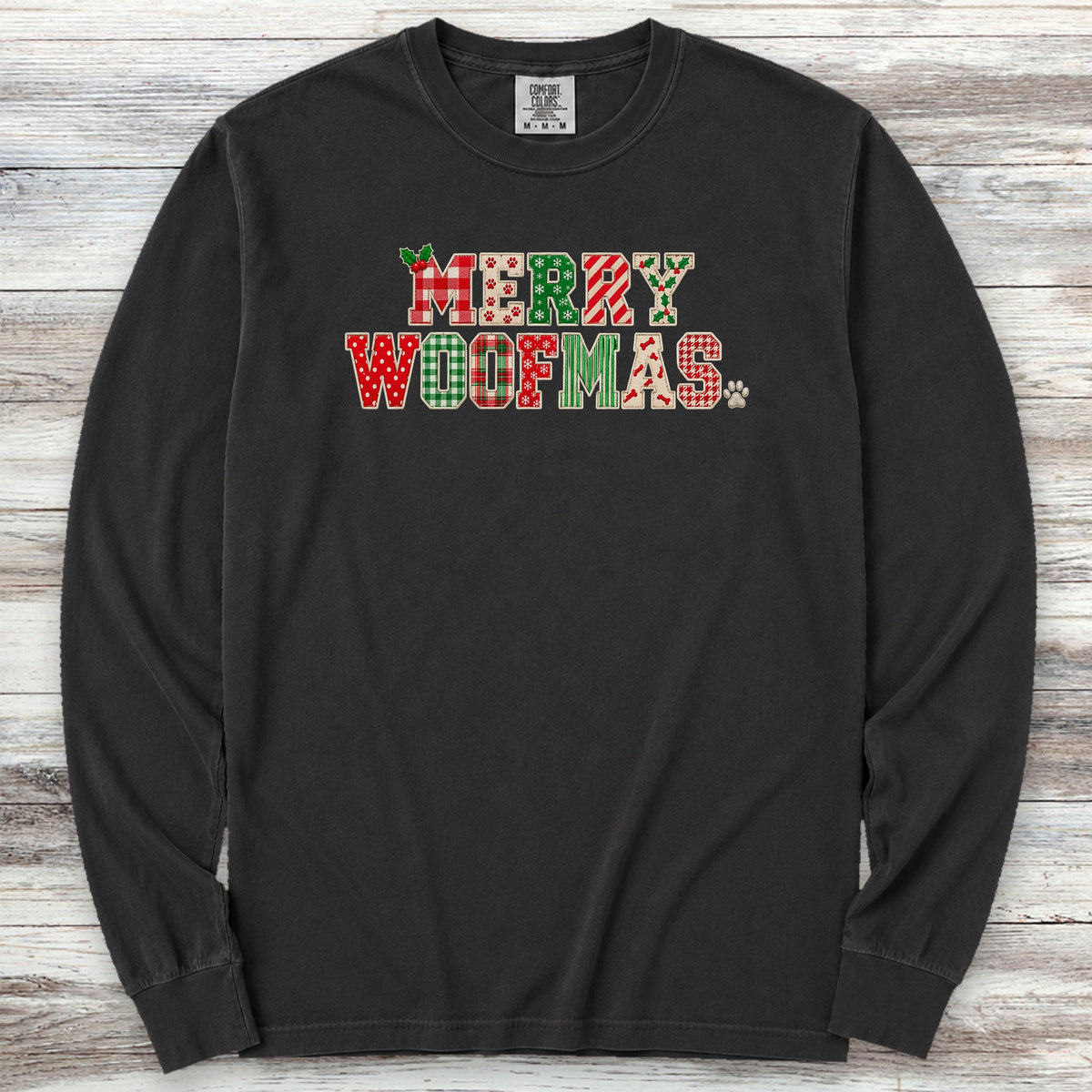 Merry Woofmas Faux Patchwork Long Sleeve Tee - Black