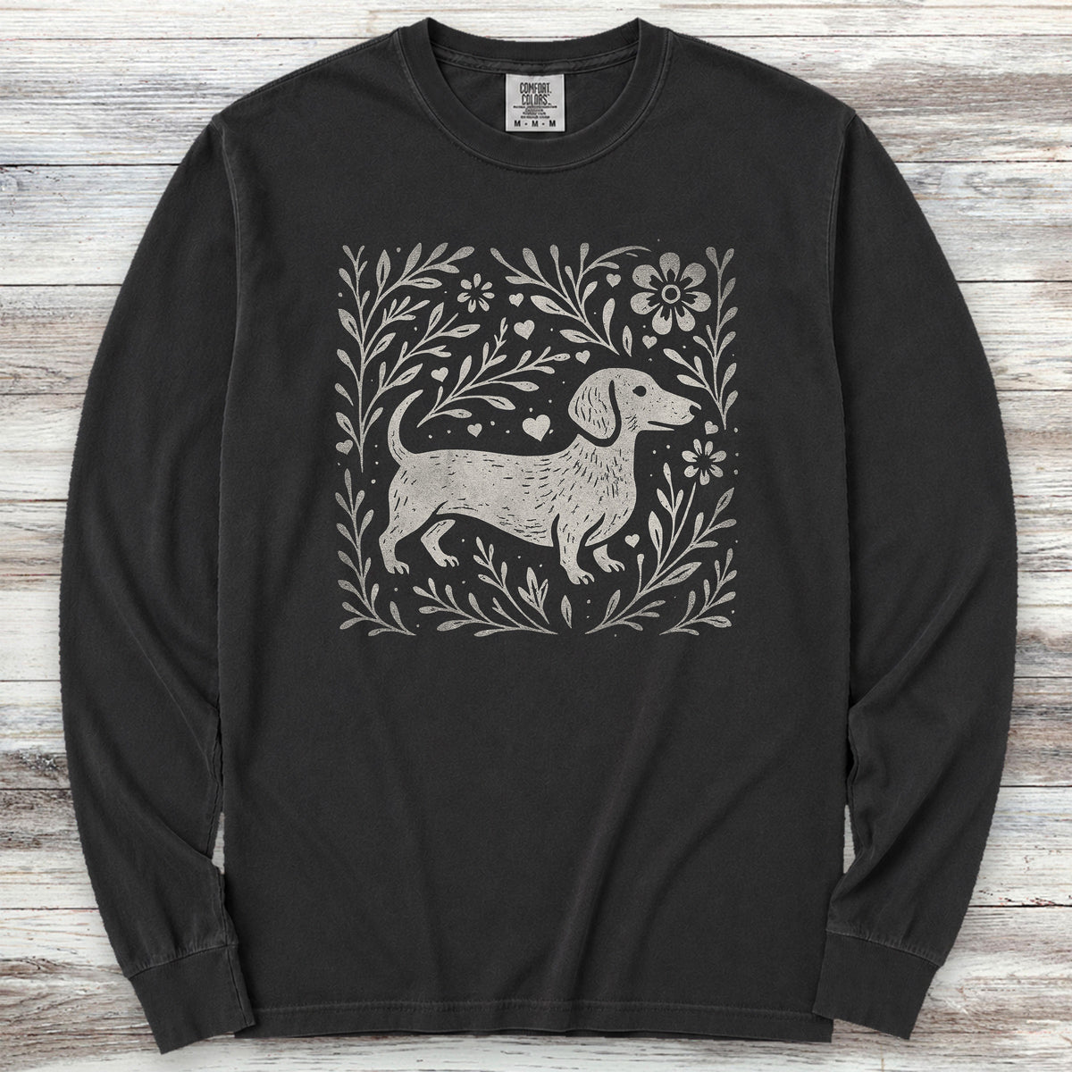 Dachshund Linocut Long Sleeve Tee - Black