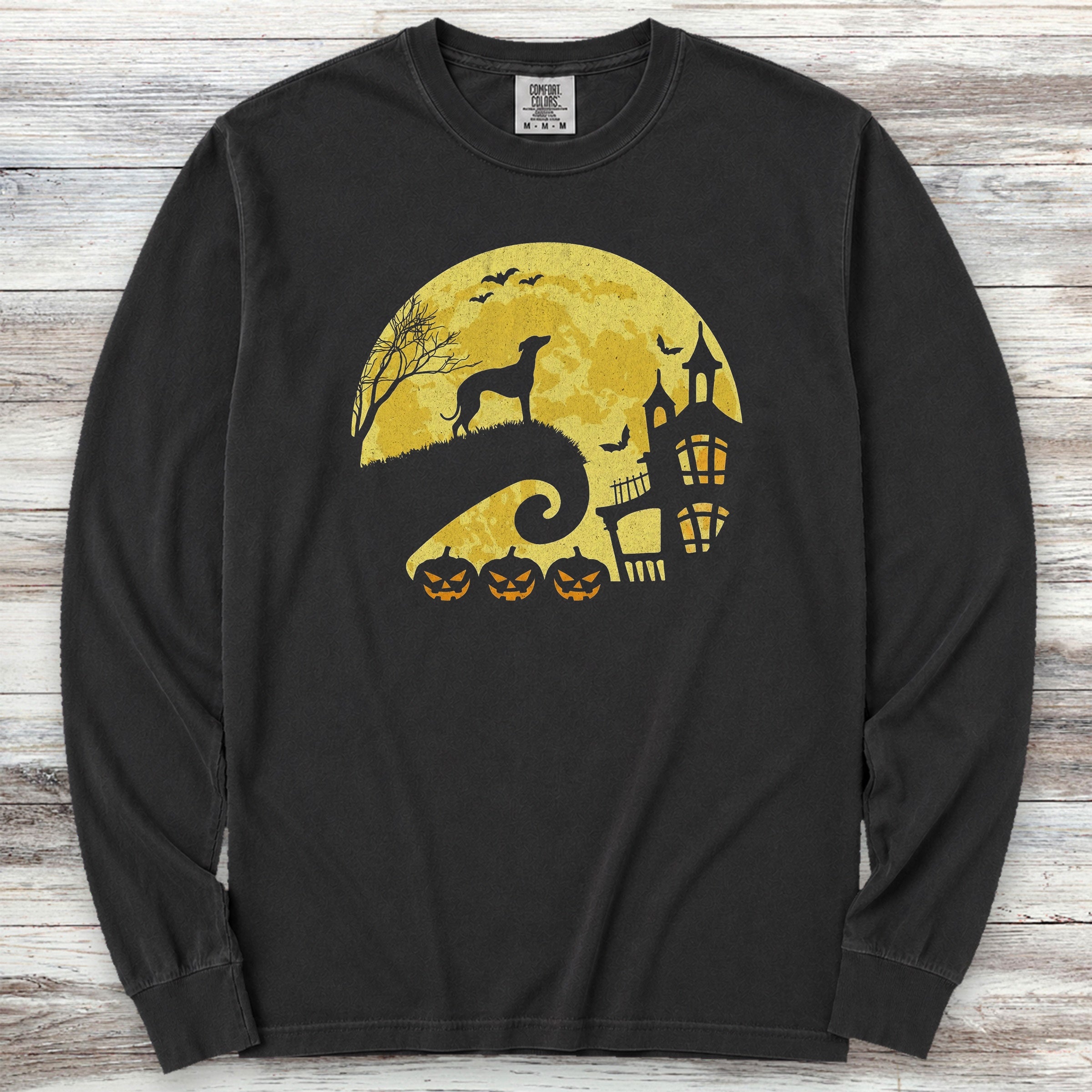 Whippet Halloween Moon Long Sleeve Tee - Black