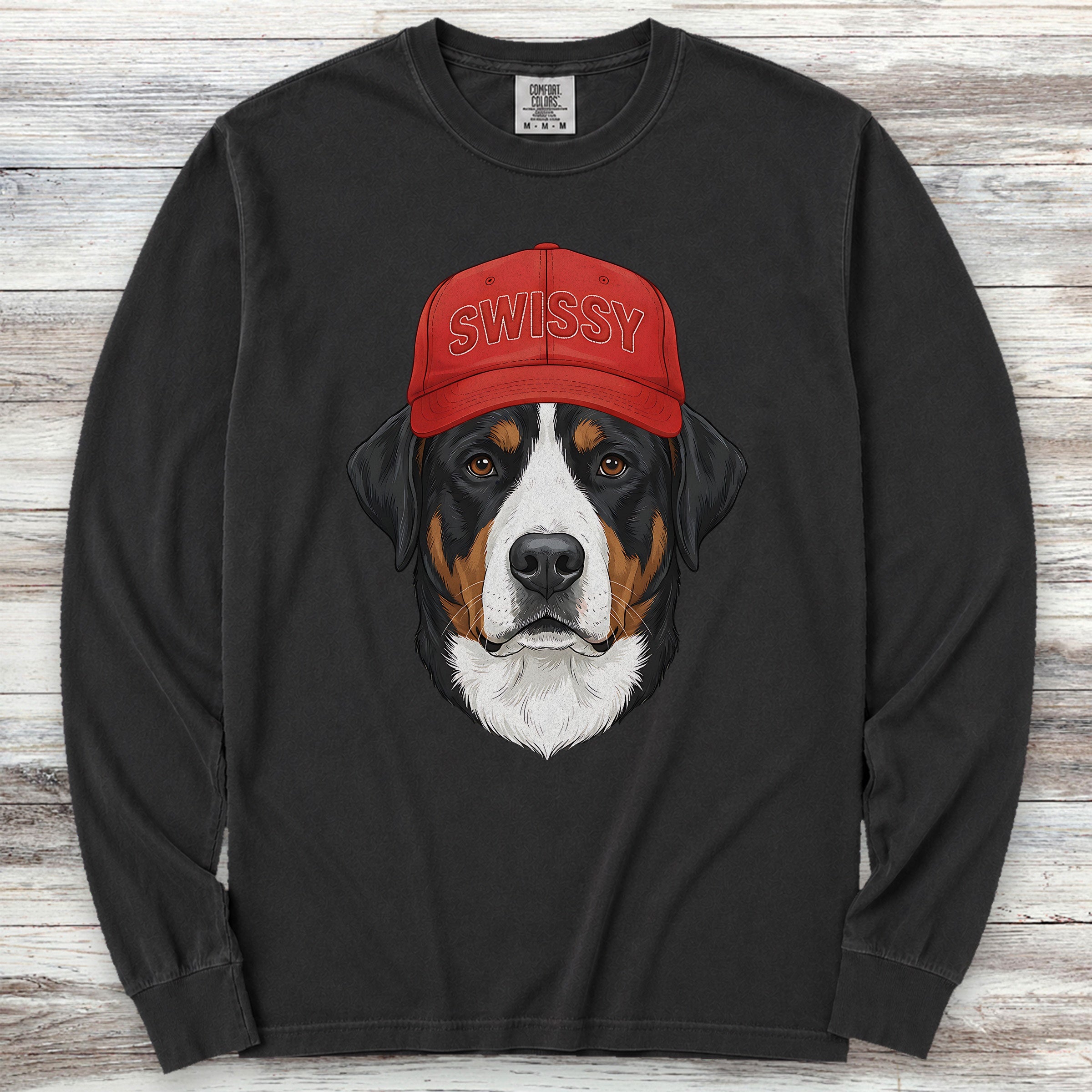 Swiss Mountain Dog Swissy Hat Long Sleeve Tee - Black