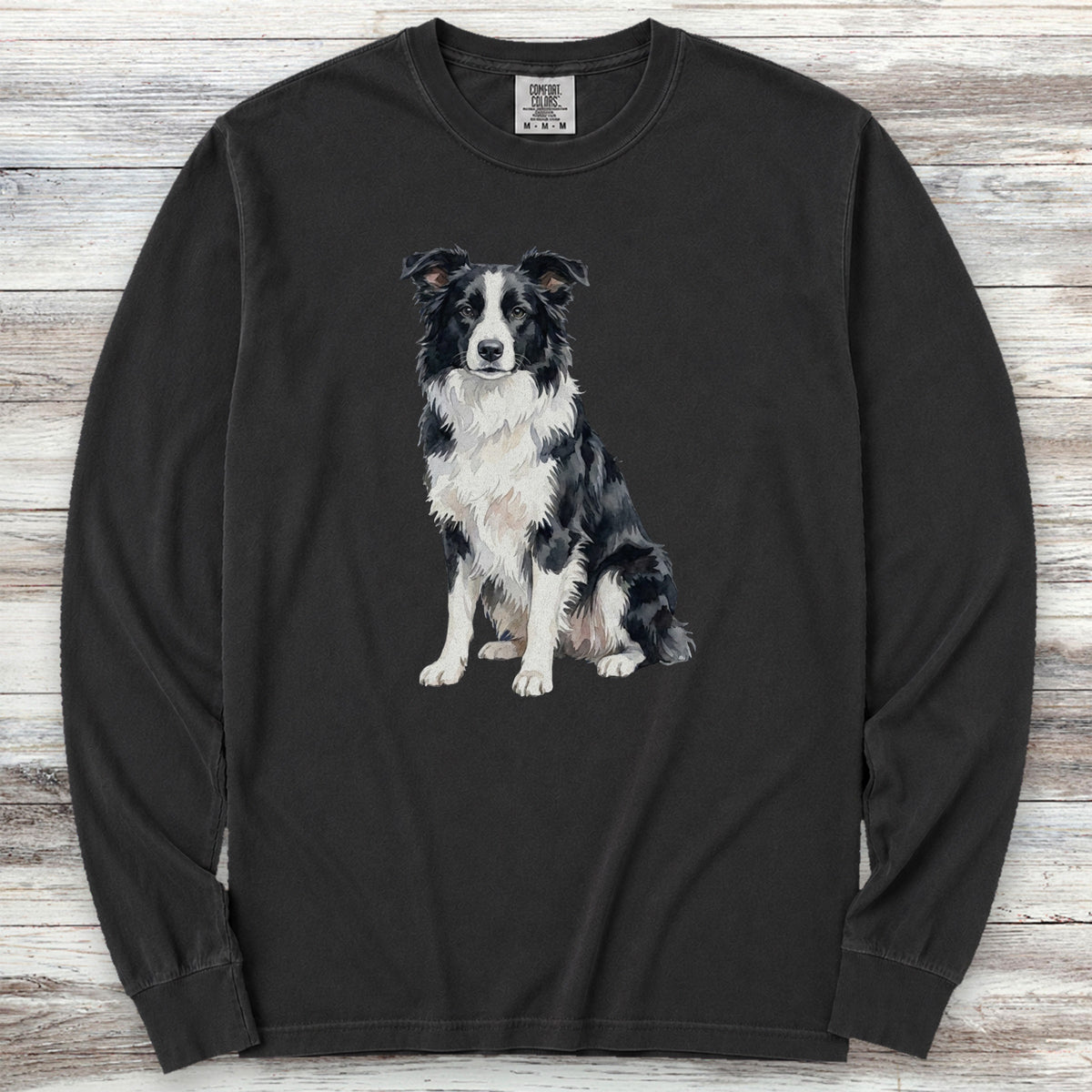 Border Collie Watercolor Long Sleeve Tee - Black