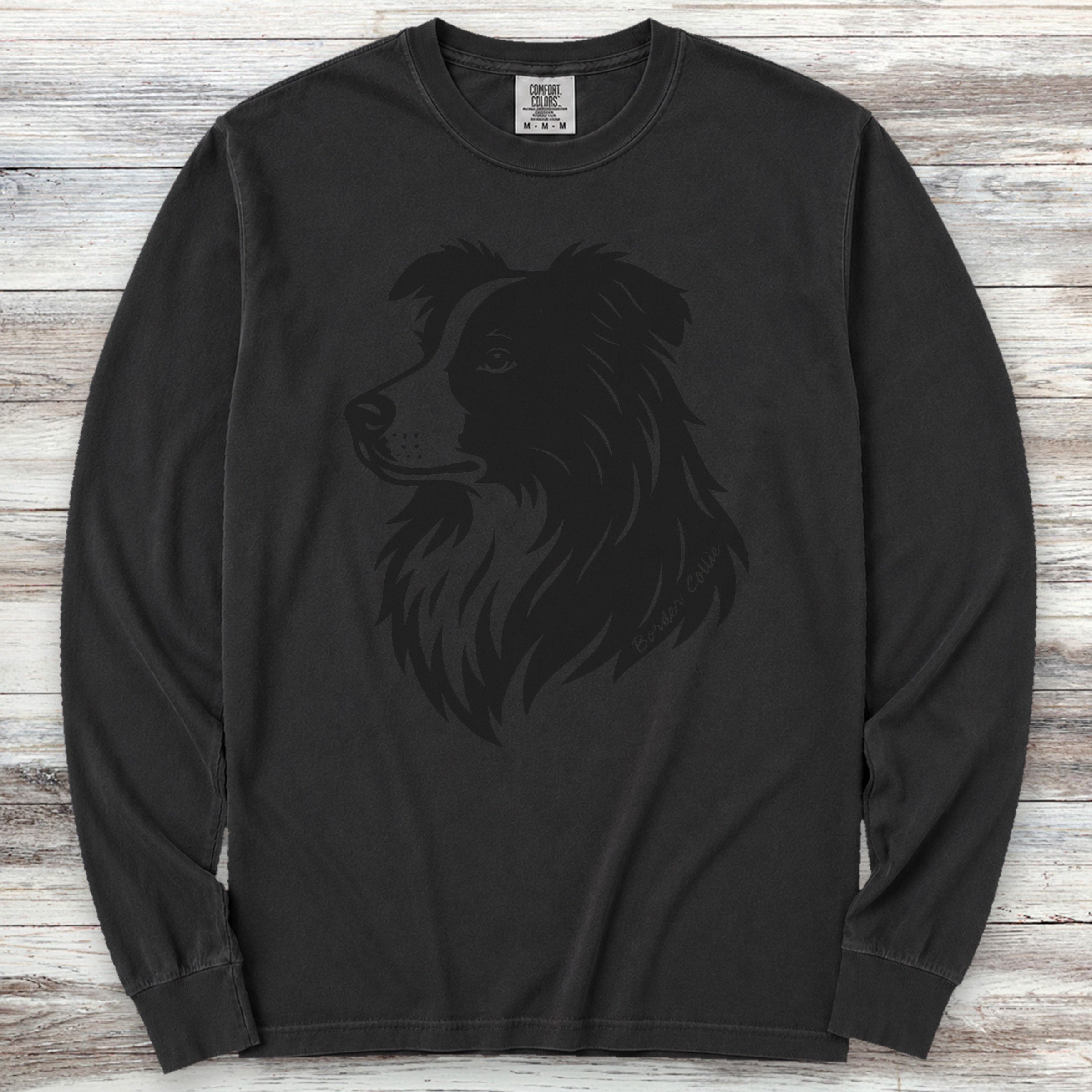 Border Collie Woodcut Portrait Long Sleeve Tee - Black