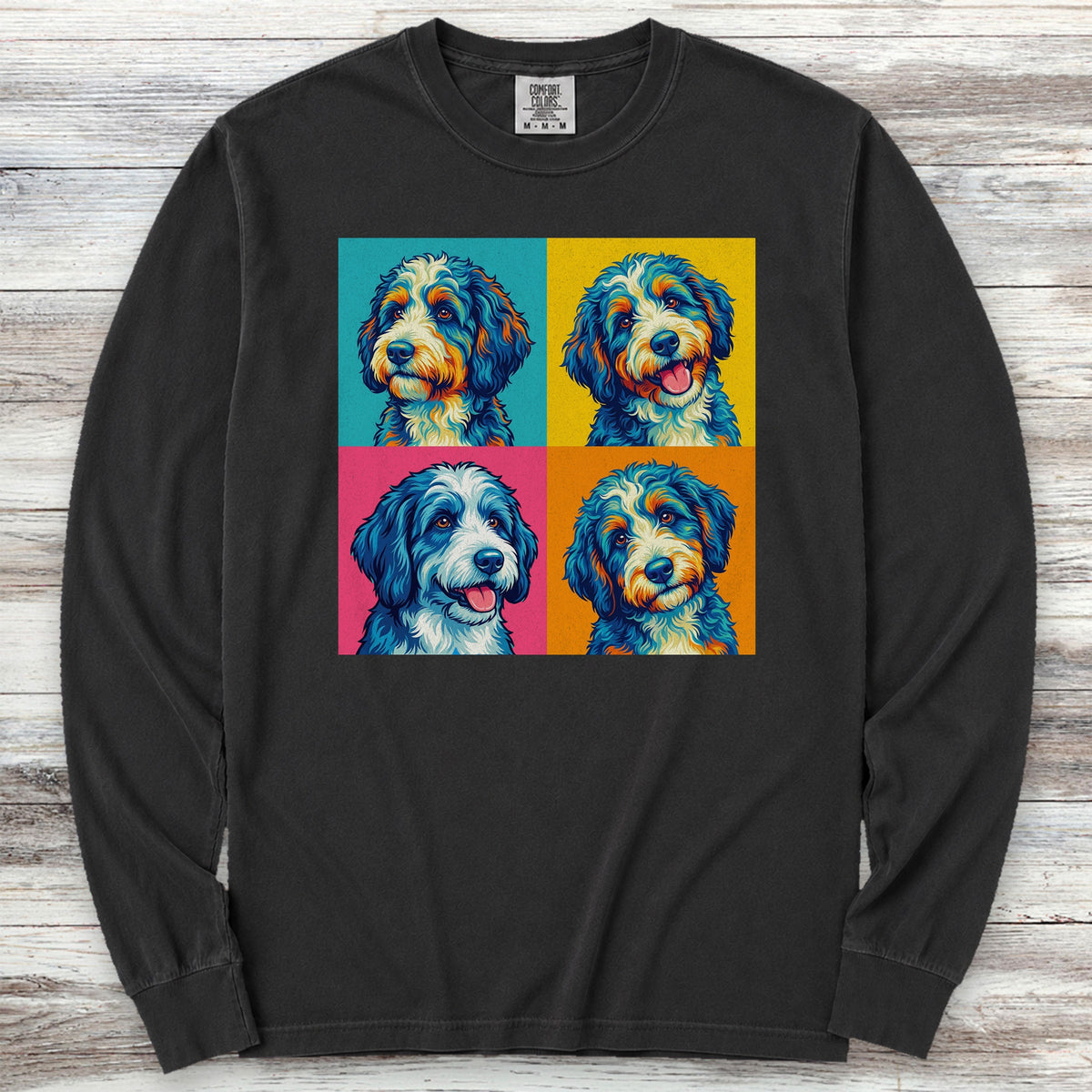 Bernedoodle Pop Art Long Sleeve Tee - Black