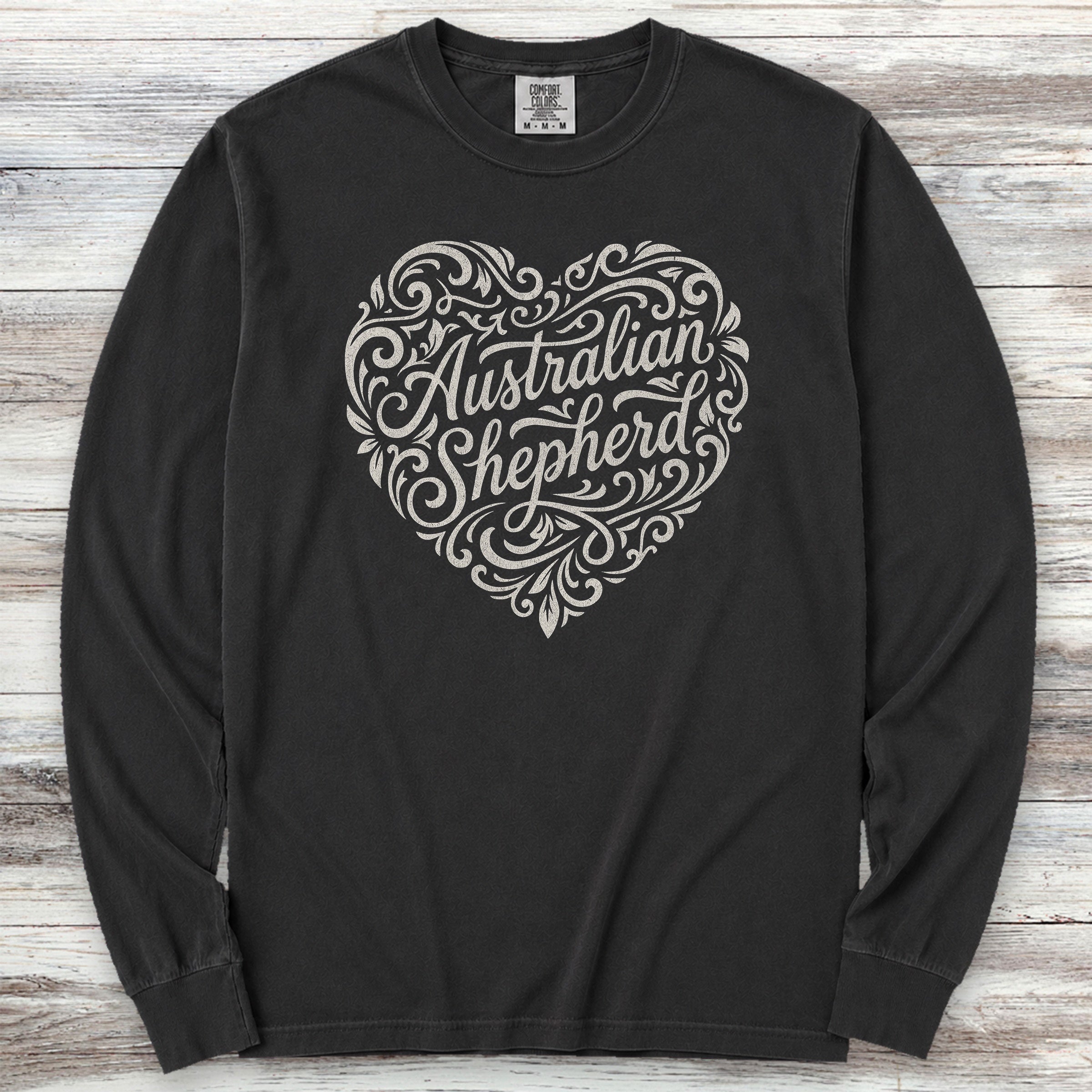 Australian Shepherd Heart Script Long Sleeve Tee - Black
