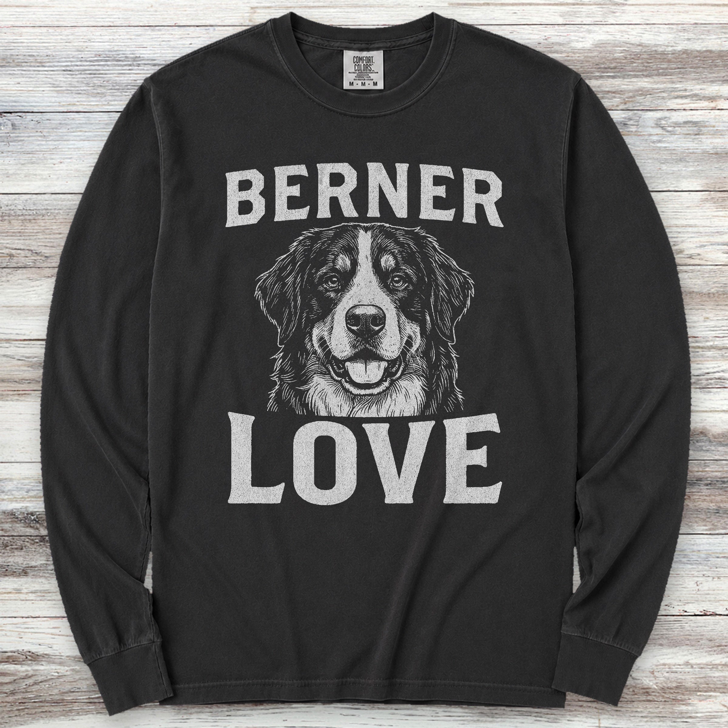 Bernese Mountain Dog Love Portrait Long Sleeve Tee - Black