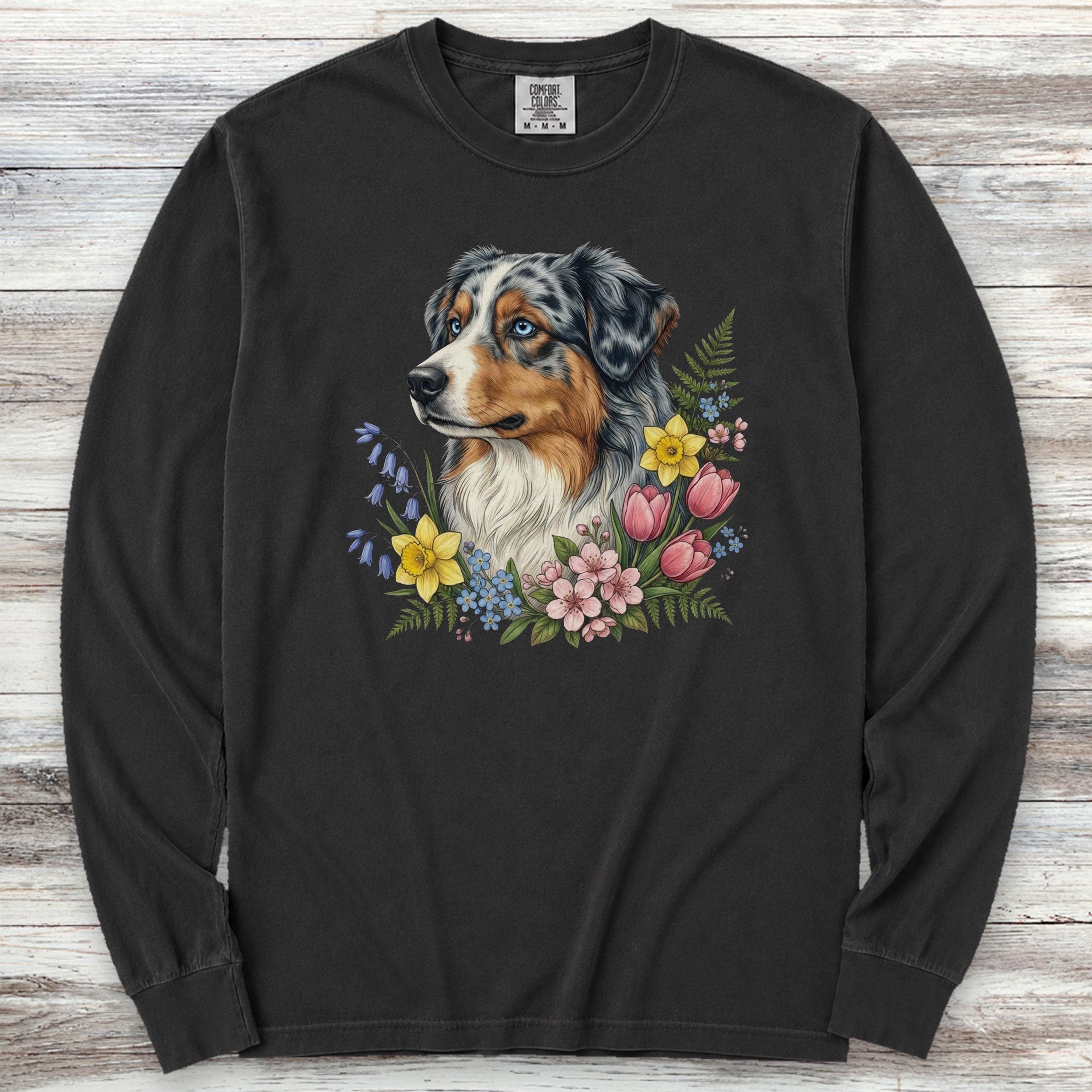 Australian Shepherd Merle Blue Eyes Portrait Long Sleeve Tee - Black