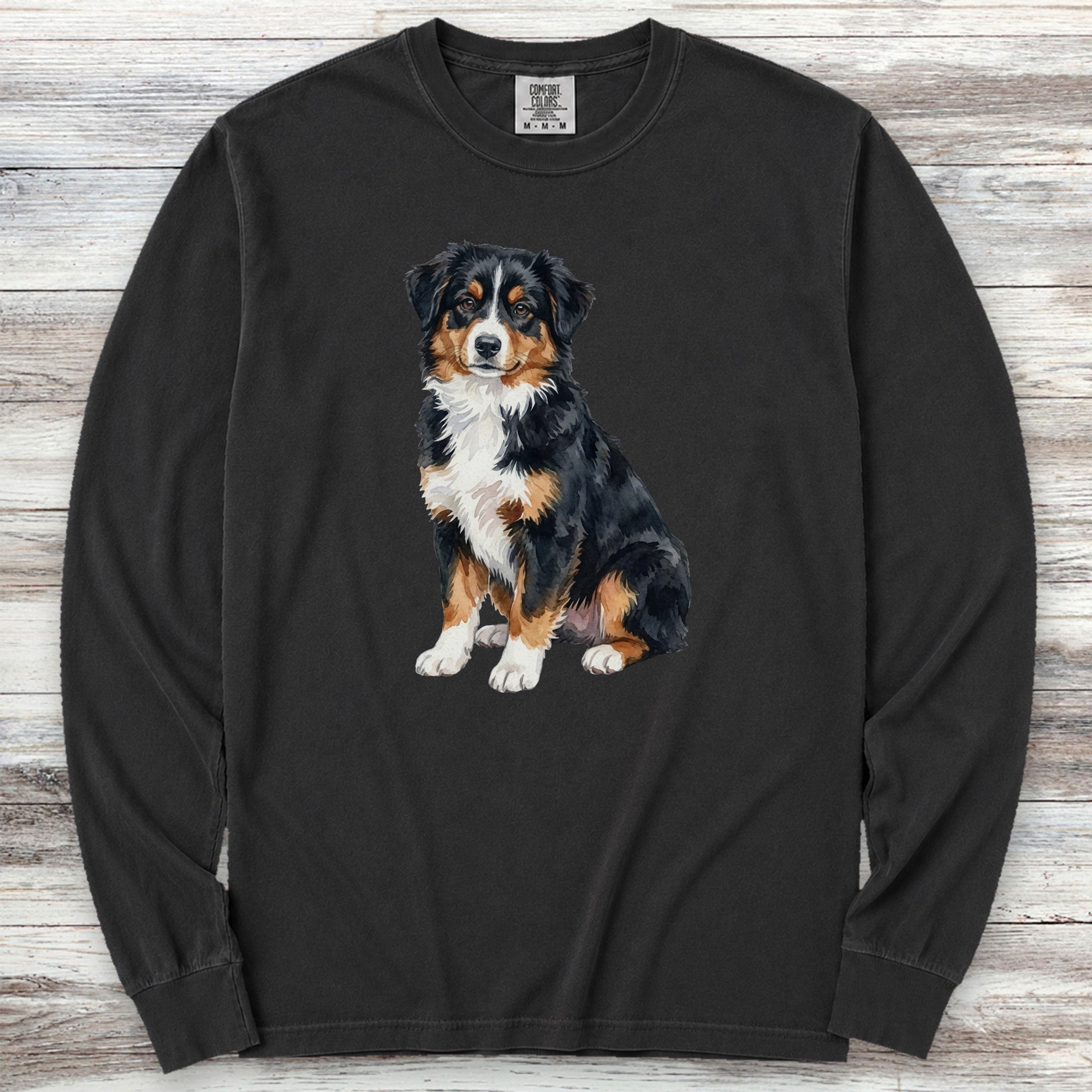 Australian Shepherd Tri Watercolor Long Sleeve Tee - Black