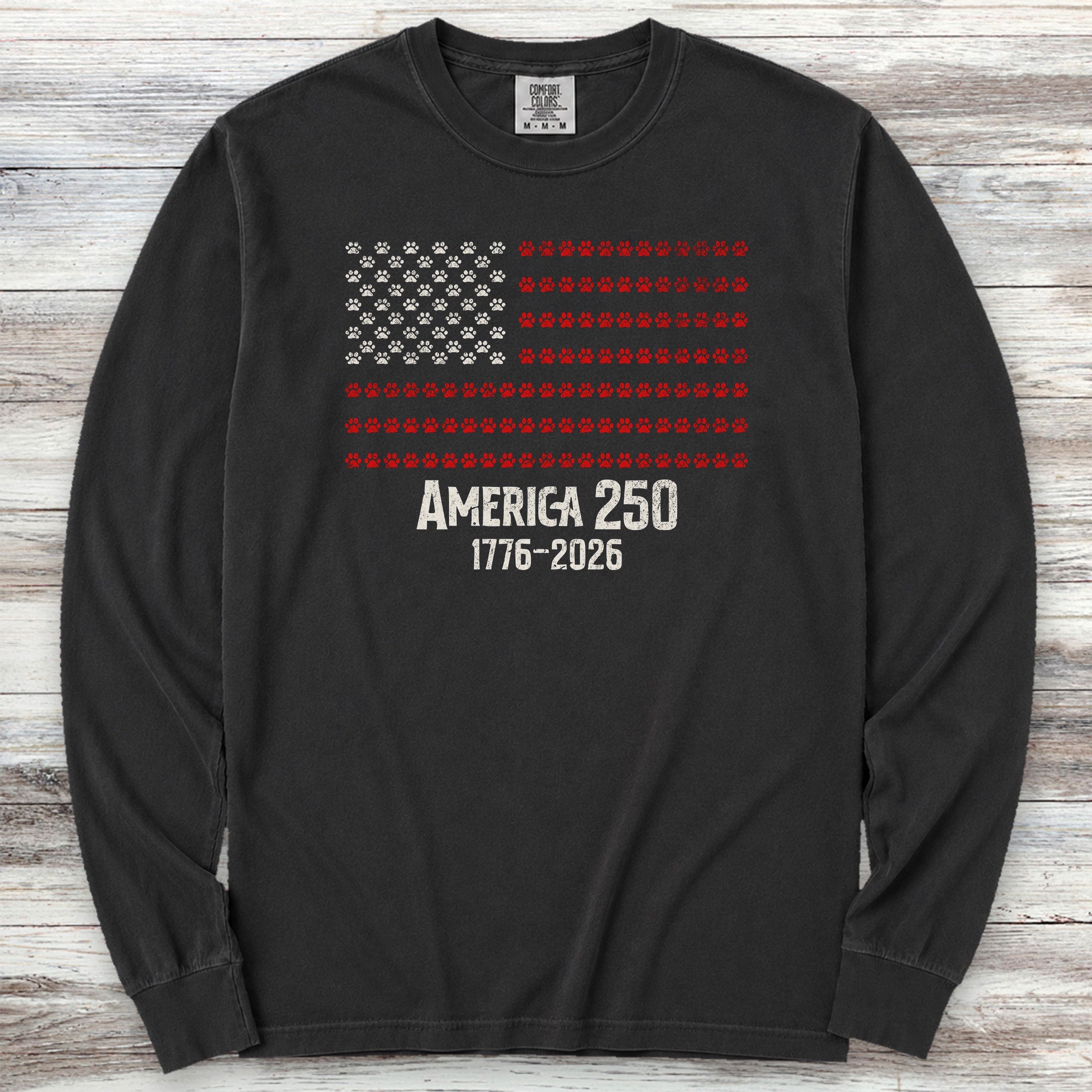 Vintage Red White & Paws 1776-2026 Long Sleeve Tee - Black