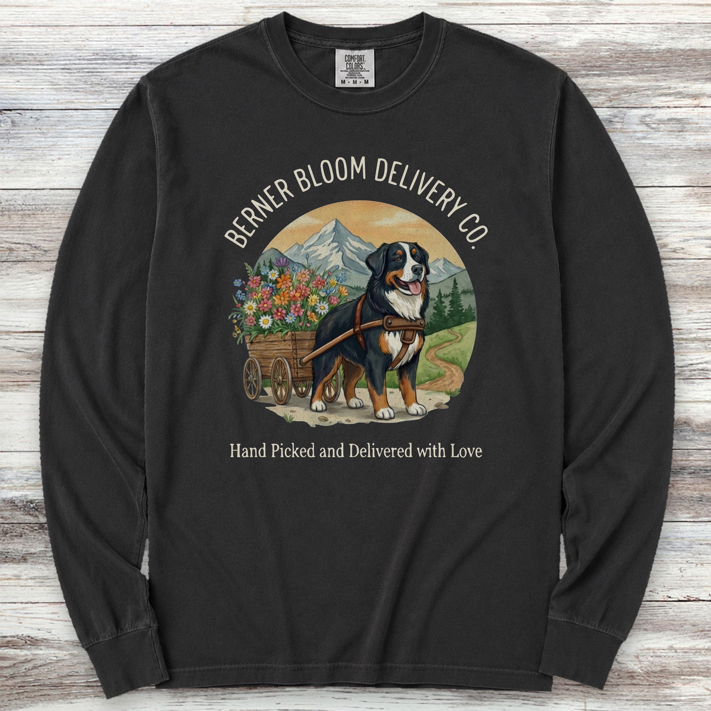 Bernese Mountain Dog Bloom Delivery Long Sleeve Tee - Black