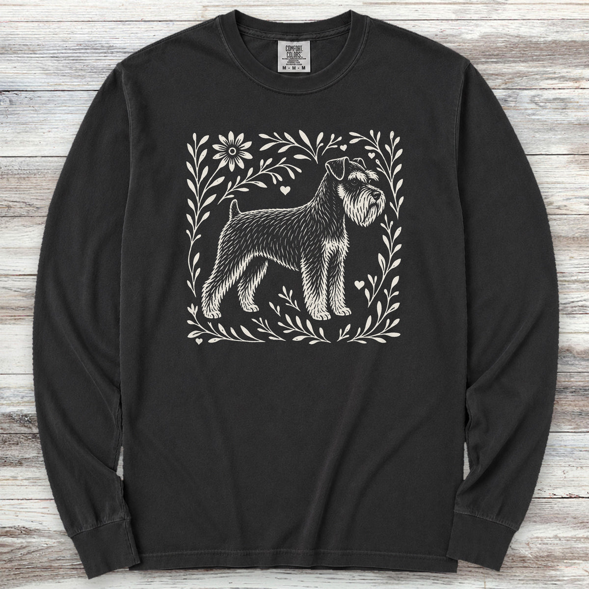 Schnauzer Linocut Long Sleeve Tee - Black