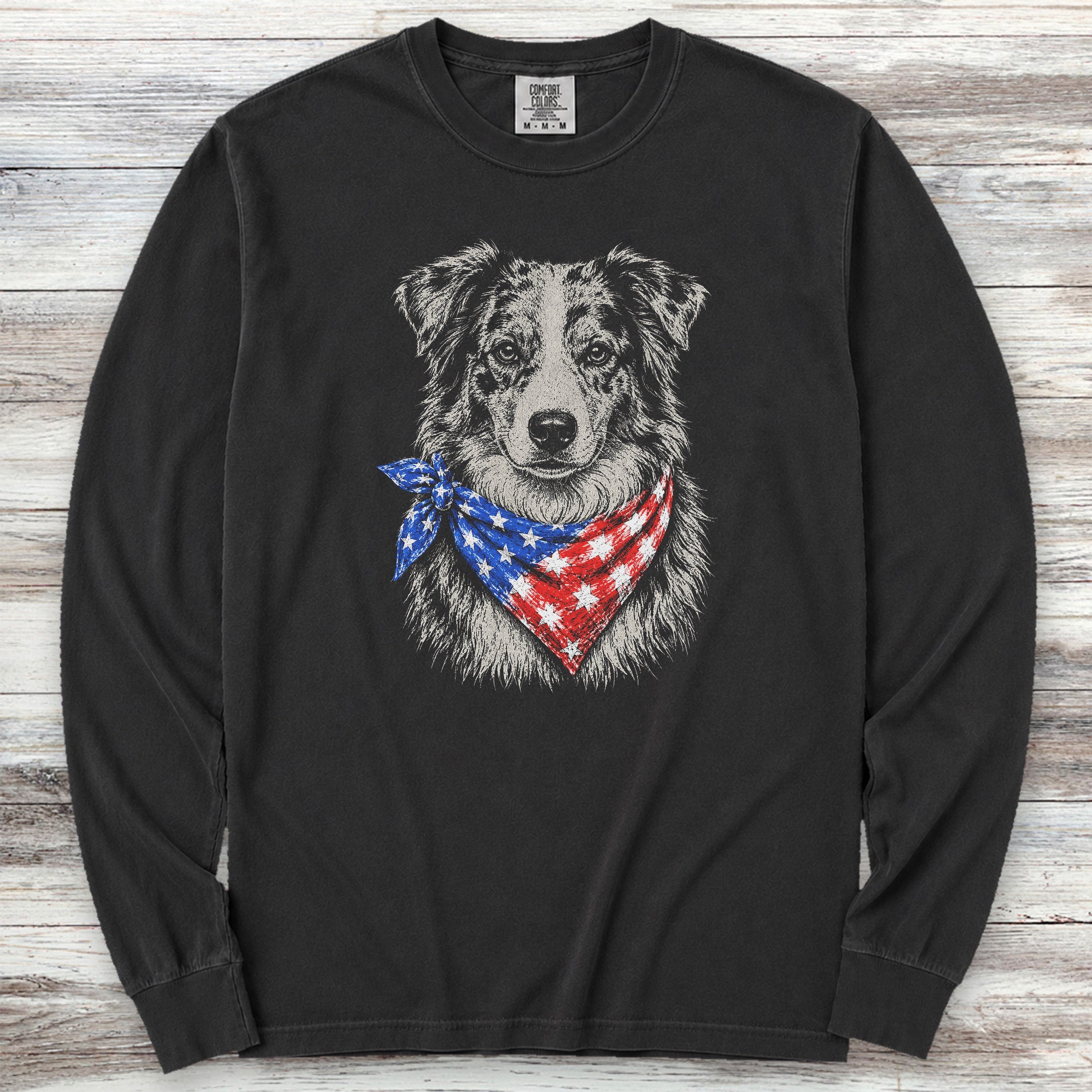 Australian Shepherd Merle Patriot Long Sleeve Tee - Black