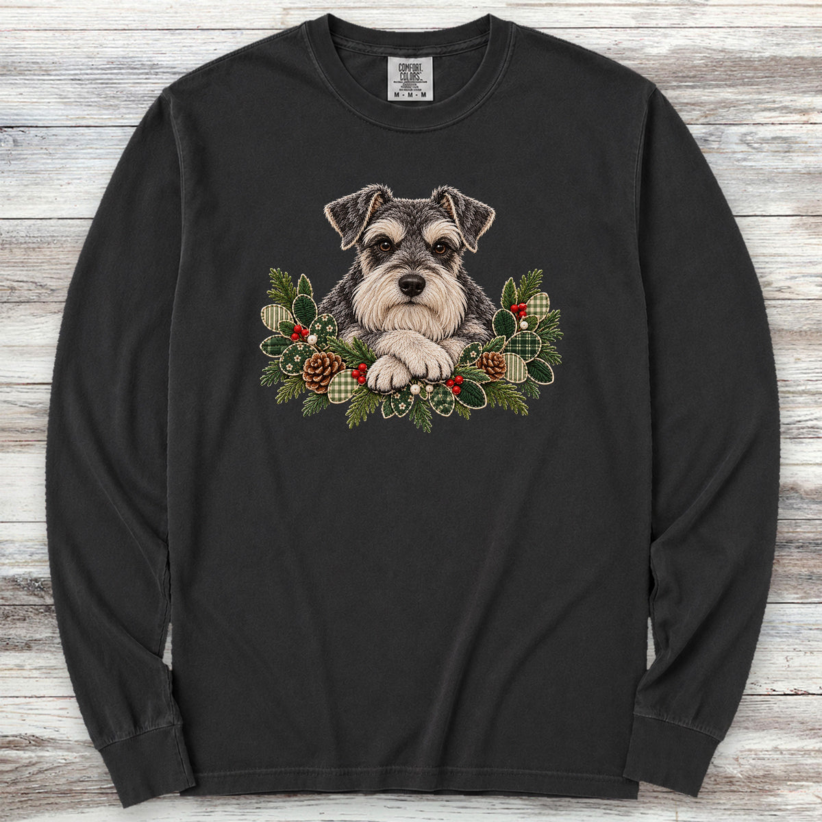Schnauzer Winter Greenery Faux Embroidery Long Sleeve Tee - Black