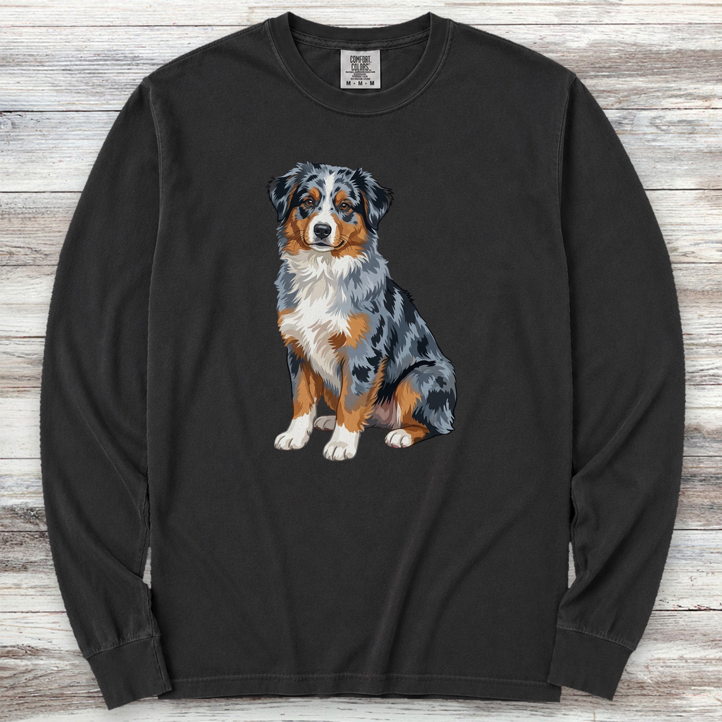 Australian Shepherd Merle Watercolor Long Sleeve Tee - Black