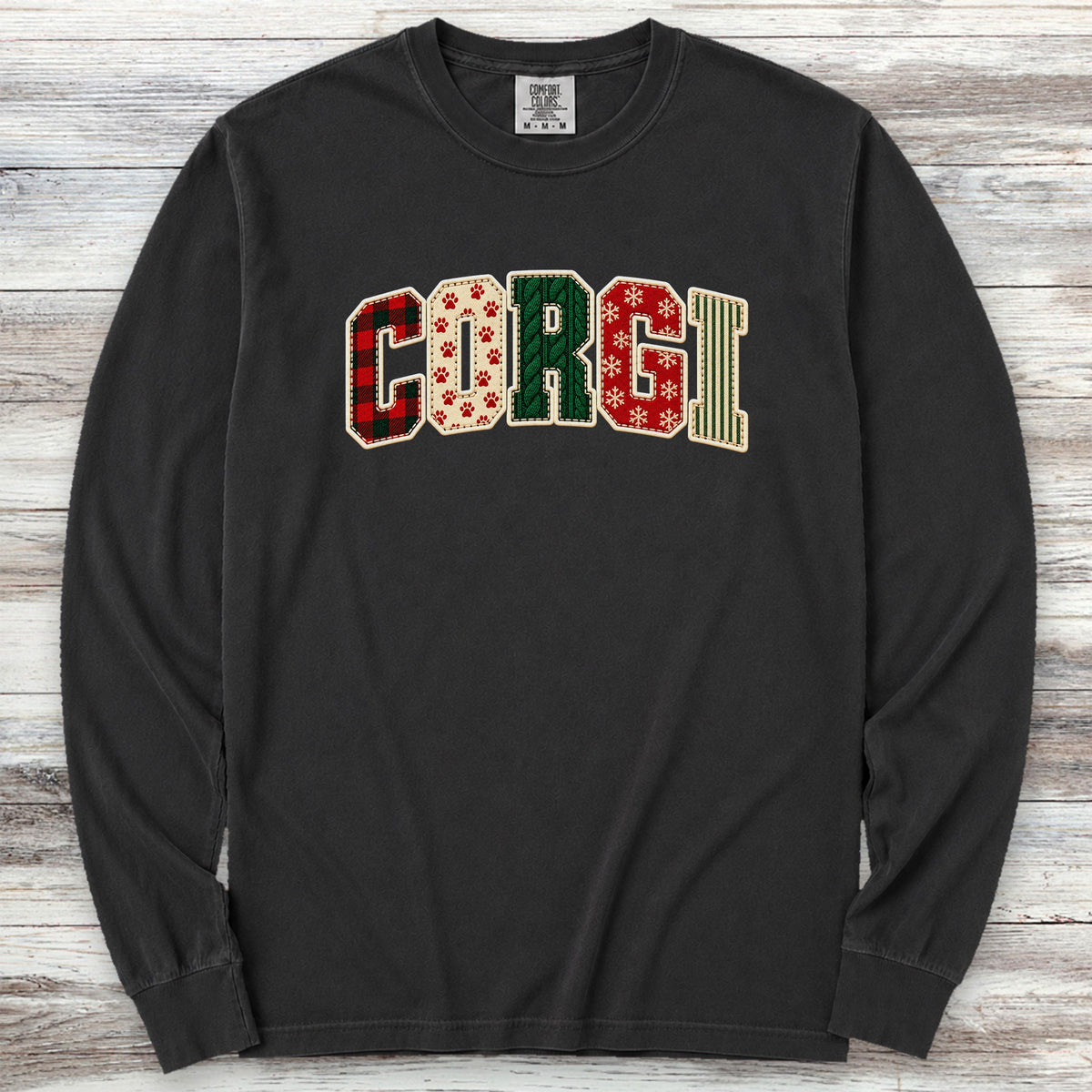 Corgi Holiday Faux Patchwork Long Sleeve Tee - Black