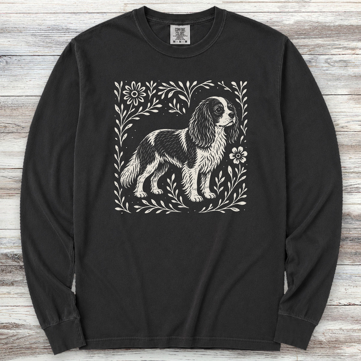 Cavalier King Charles Linocut Long Sleeve Tee - Black