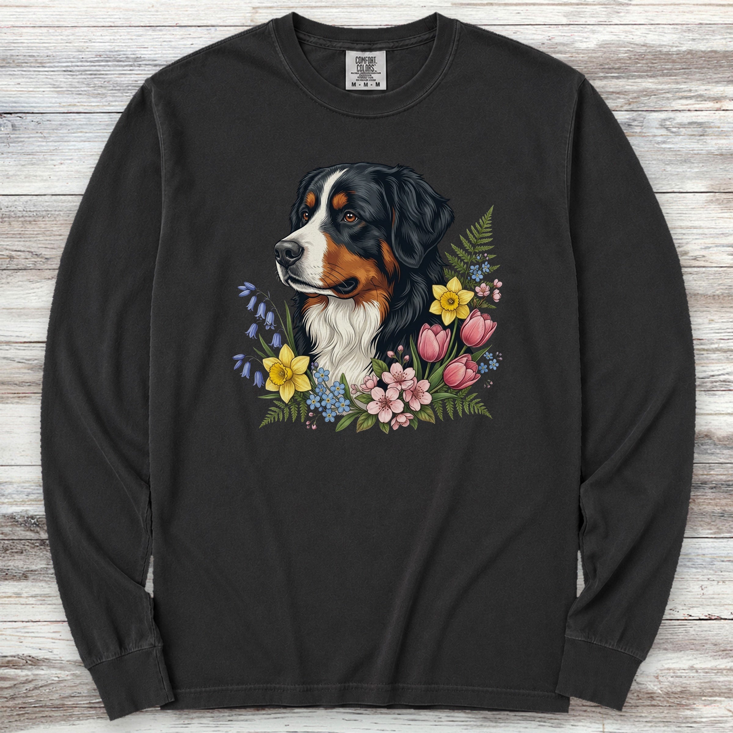 Bernese Mountain Dog Spring Portrait Long Sleeve Tee - Black